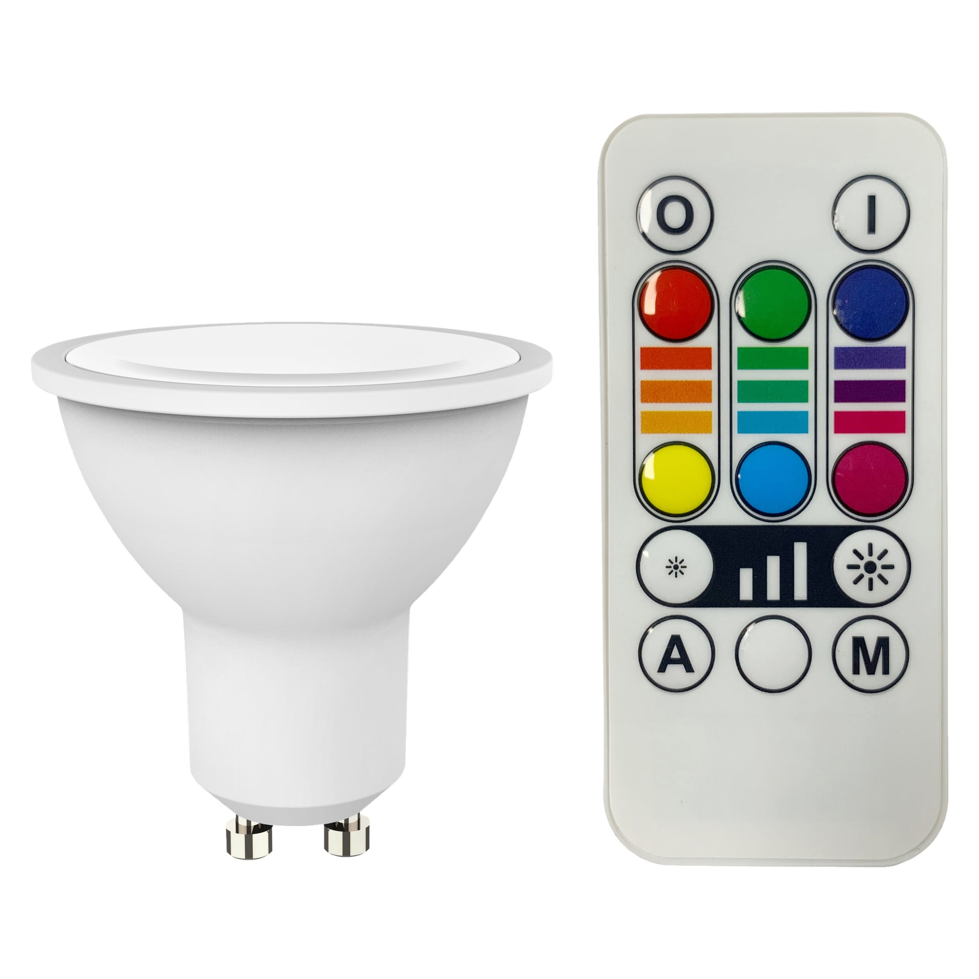 En Anslut RGB/WW reflektor LED-lampa med en GU10-bas sitter bredvid en rektangulär fjärrkontroll med färgade knappar, ljusstyrkekontroller och separata på/av-brytare.