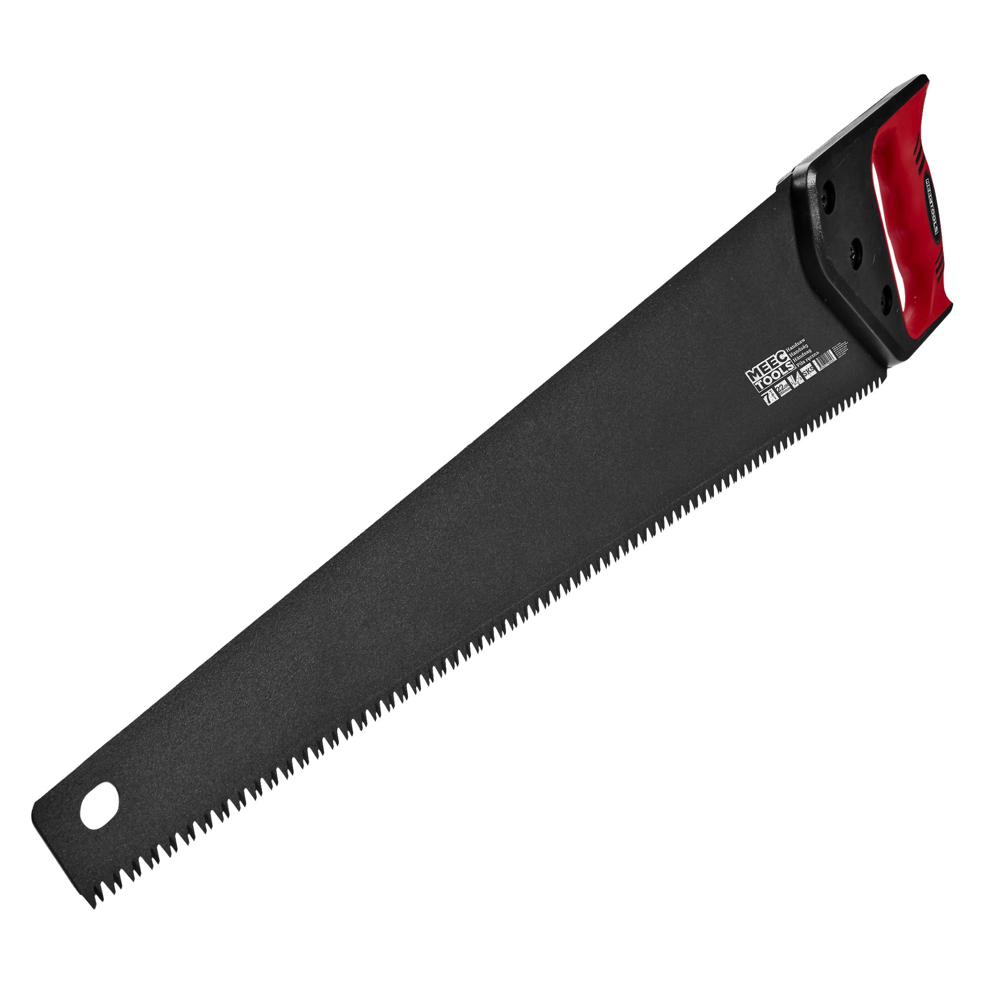 Ręczna piła Meec Tools z prostym, czarnym ostrzem, z równomiernie rozmieszczonymi zębami po jednej stronie i otworem przy końcówce do zawieszenia. Piła ma ergonomiczną rączkę w kolorze czerwonym i czarnym.