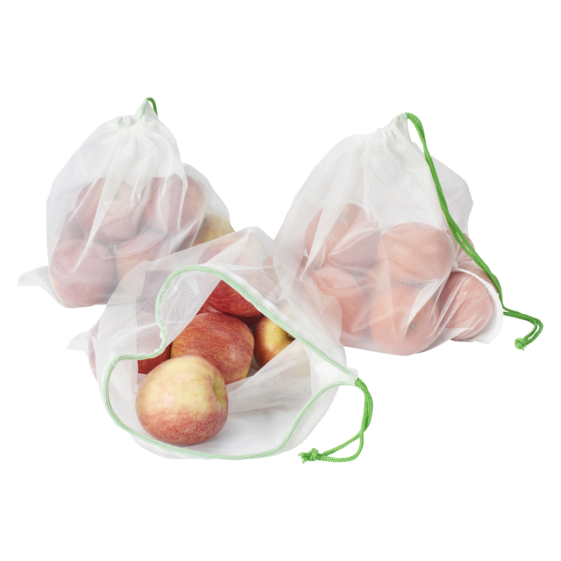 Tre paket med Menuett-fruktnätspåsar visas, var och en med flera äpplen. De halvgenomskinliga påsarna har gröna dragsnören och äpplena inuti är synliga.