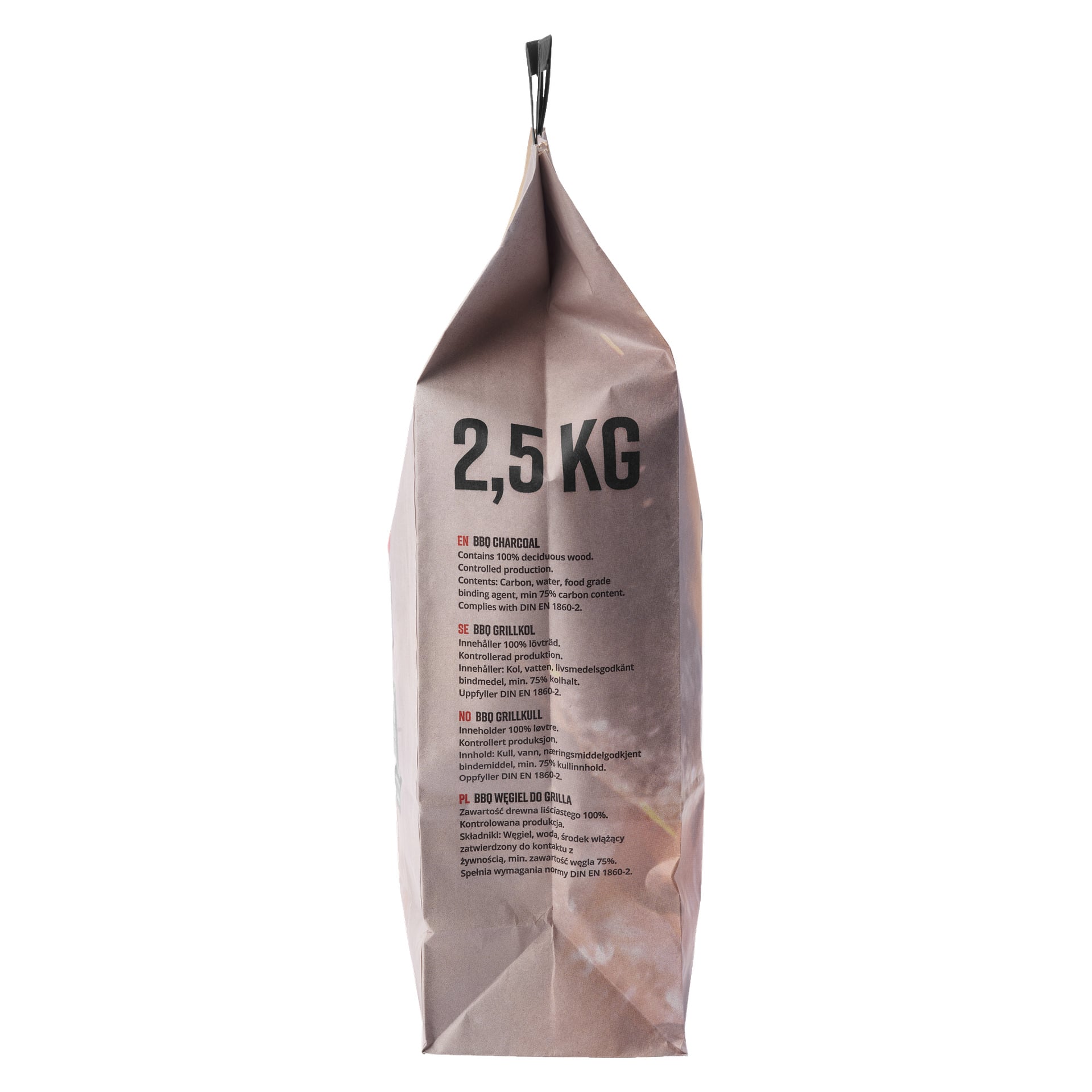 2,5 kg ruskea paperipussi Burns & Barkles Charcoalia, jossa on erilaisia etikettejä ja merkitty 100 % puuhiileksi, jonka yläosa on kiinnitetty metalliklipsillä.