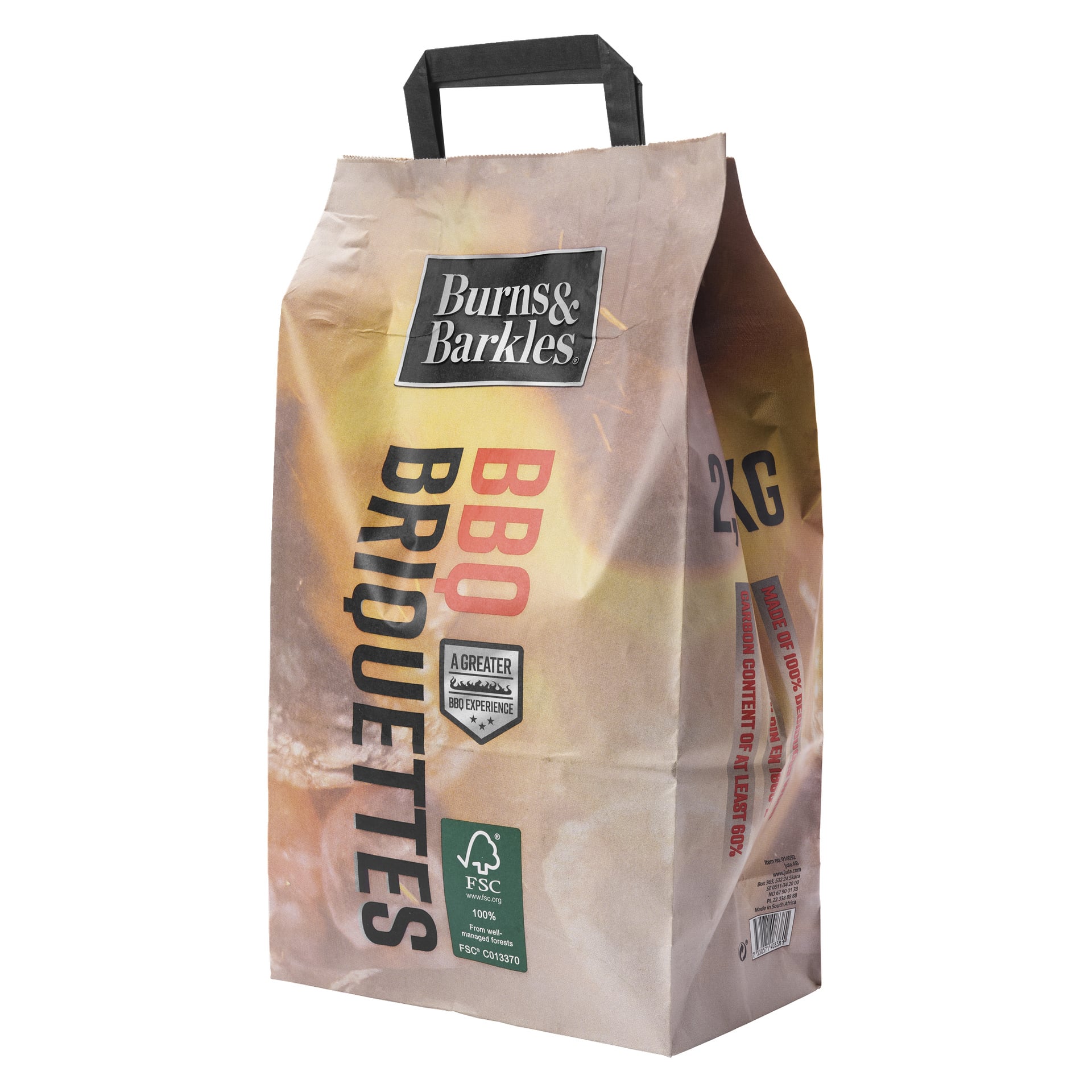 En 2 kg tung brun papperspåse med etiketten Grillbriketter från Burns & Barkles, med svart handtag, barbecue-tema text och olika certifieringslogotyper på framsidan.