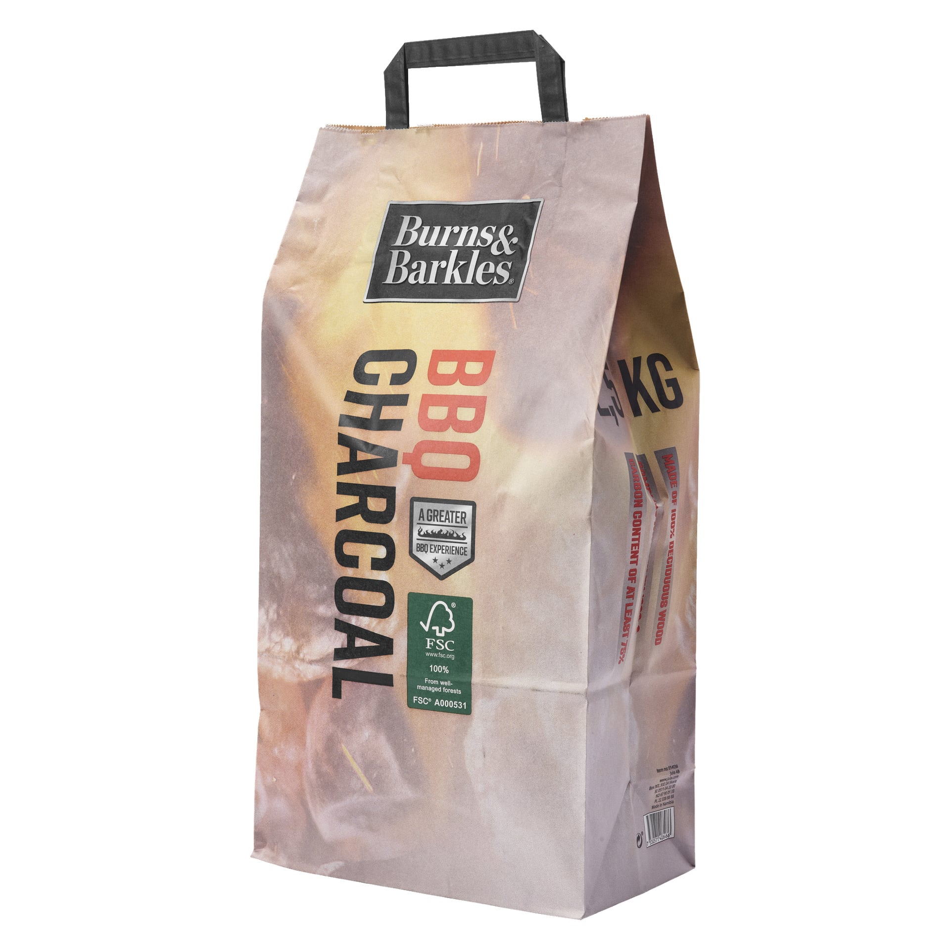 Burns & Barkles Charcoal -paperipussi, jossa on musta kahva, rohkea brändäys, tausta liekkigrafiikoilla, 8KG-etiketti ja sertifiointimerkit kaikki näkyvät etupuolella.
