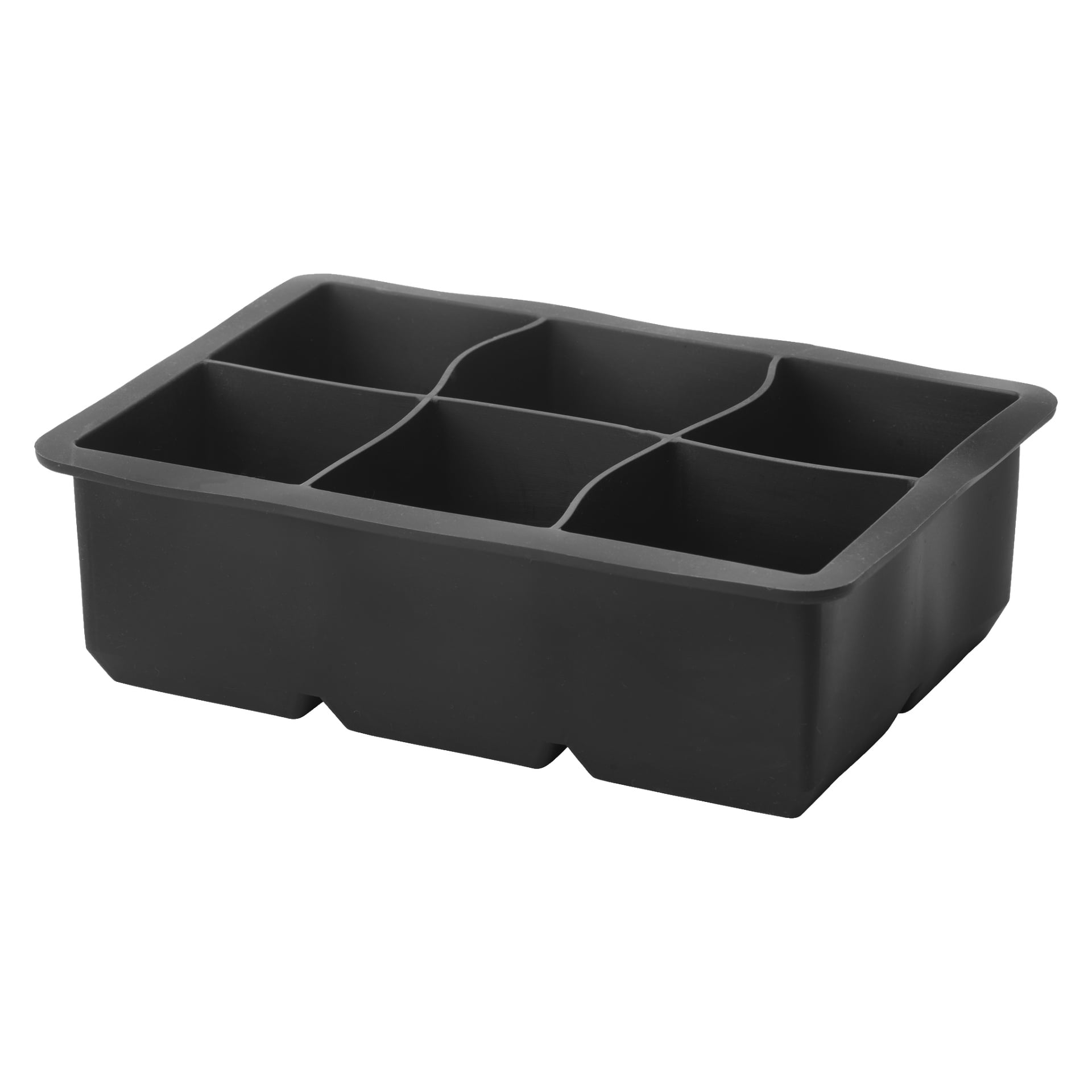 Menuett Ice-formen, store terninger XL, er et svart silikonbrett med seks rektangulære rom, avbildet i en vinkel.