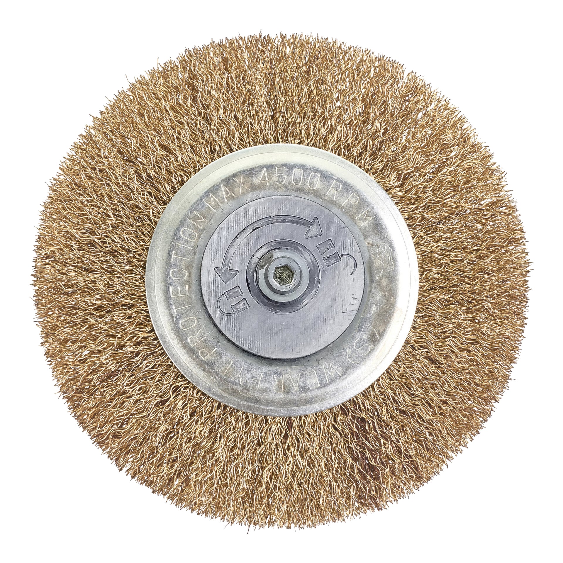 Ryobi One+ teräsharja, pyöreä lankapyörä, jossa on metallinen keskinava ja merkitty PROTECTION MAX 4500 RPM.