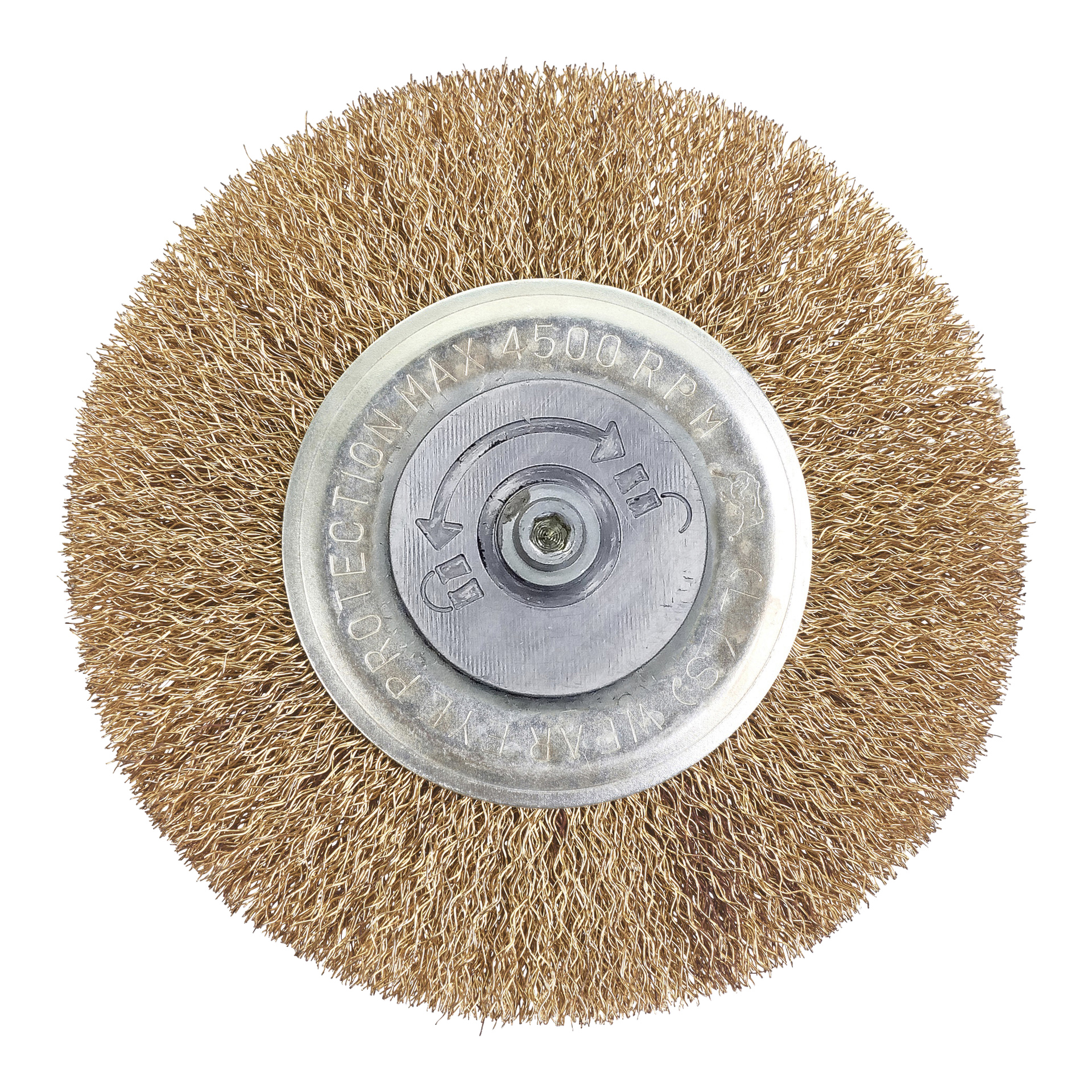 Ryobi One+ stålborste, ett cirkulärt trådhjul med en metallcentral nav märkt SKYDD MAX 4500 RPM.