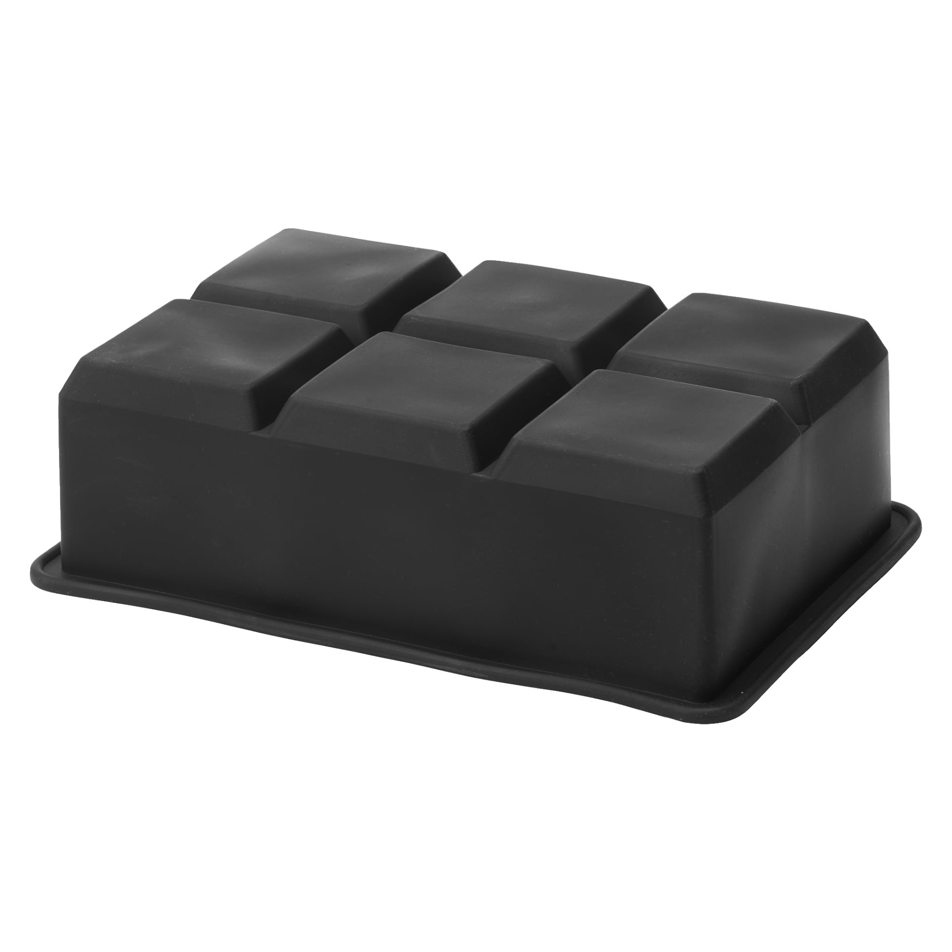 Menuett Ice-formen, store terninger XL, er et svart silikonbrett med seks romslige rektangulære rom, vist i en liten vinkel.