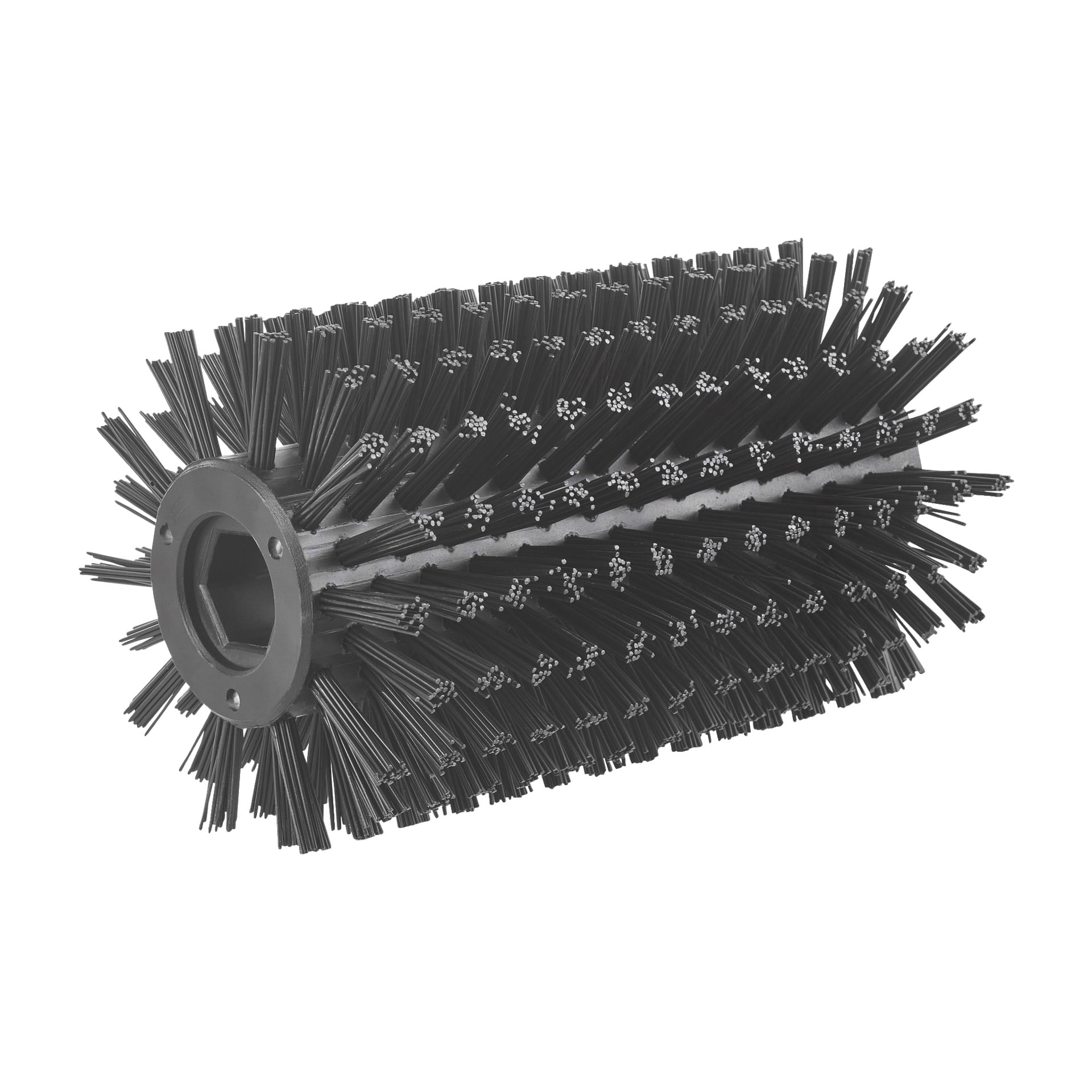 En Ryobi One+ golvborste med ett cylindriskt svart borsthuvud, tätt packade styva borst som strålar ut i alla riktningar, och ett centralt hål för montering.