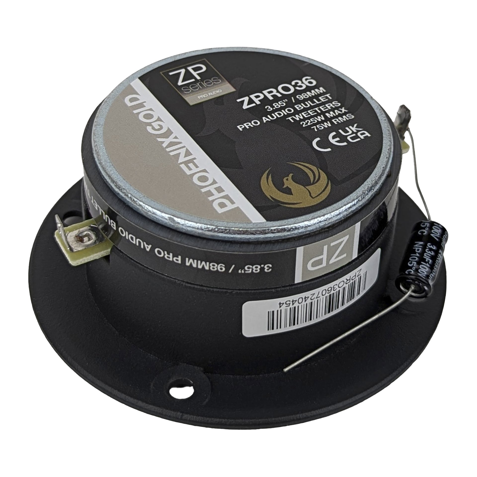 En cirkulär svart och silverfärgad Phoenix Gold diskant ZPRO36BT, med specifikationer som 3,85, 8 ohm, 75W RMS och flera certifieringsikoner på baksidan; såld i ett par om två.