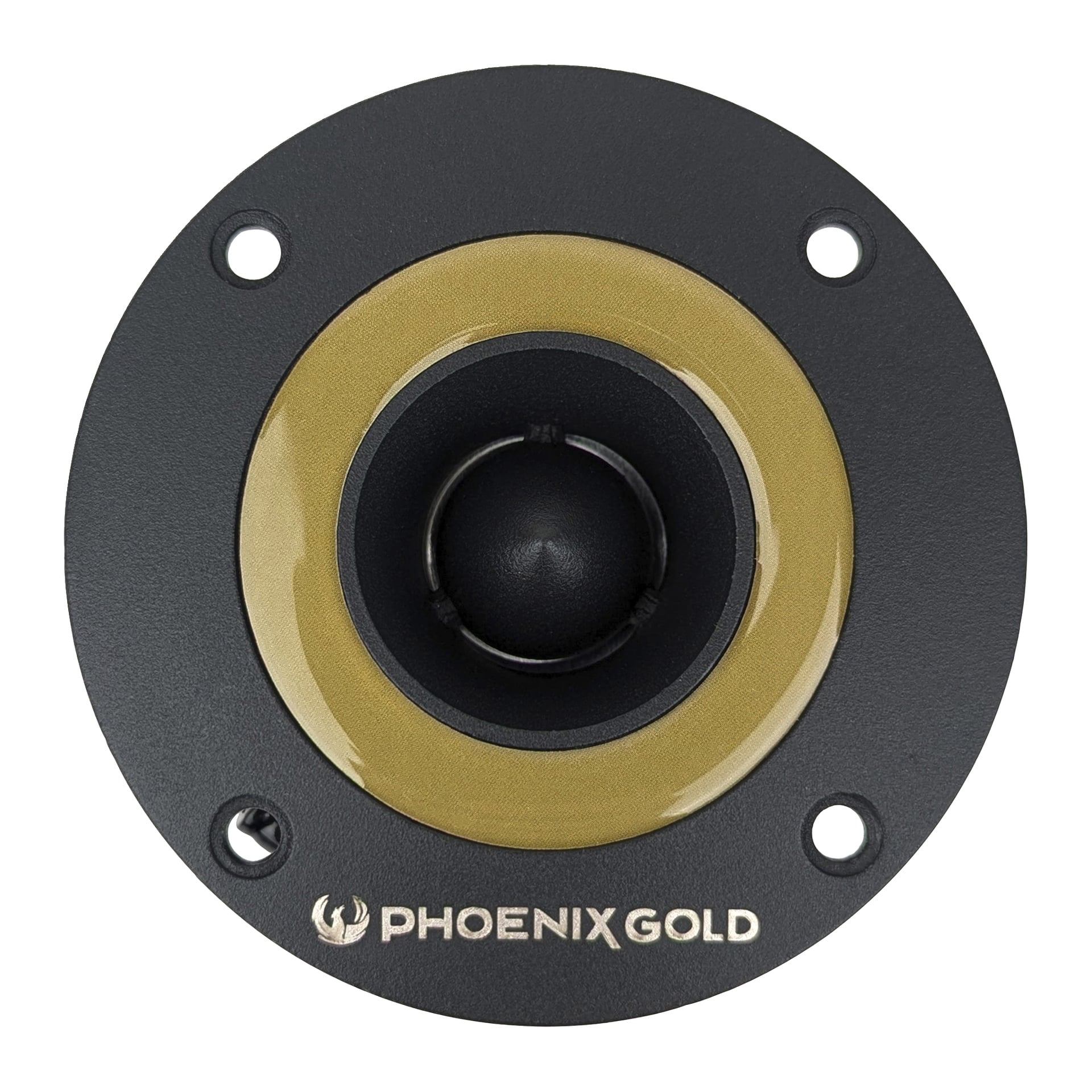 En cirkulär svart och guldfärgad Phoenix Gold ZPRO36BT högtalardiskant med en central kupol, fyra monteringshål runt kanten, och Phoenix Golds logotyp och namn visas längst ner.
