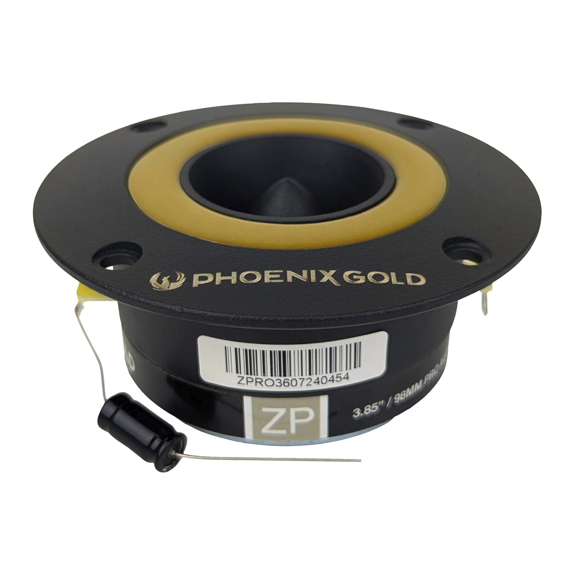 Ett par svarta Phoenix Gold ZPRO36BT diskanter med guldkant, en streckkodsklister märkt ZPRO3607240454 och en liten ansluten kondensator. Varje diskant har monteringshål och Phoenix Gold-logotypen på framsidan.