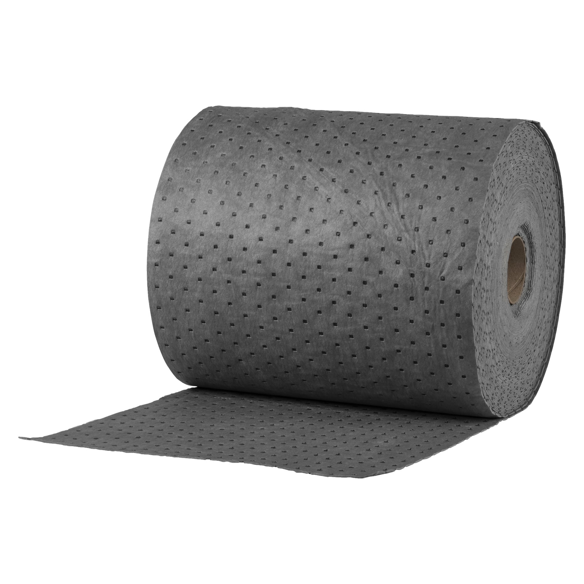 En stor rulle mörkgrå Hamron Absorbent-tyg är delvis utrullad, vilket visar ett konsekvent mönster av små perforeringar och en kartongkärna i mitten.