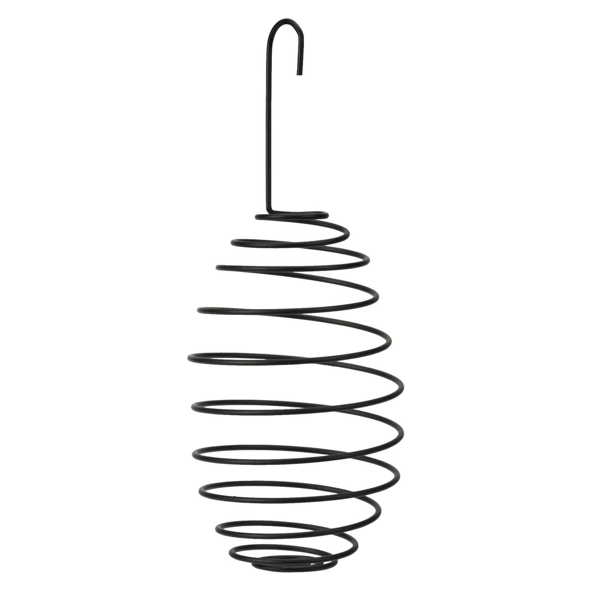 En Hard Head svart metallmatare designad med spiralspiral och en äggformad öppen ram, som smalnar av i båda ändar. Den inkluderar en toppkrok för enkel upphängning.