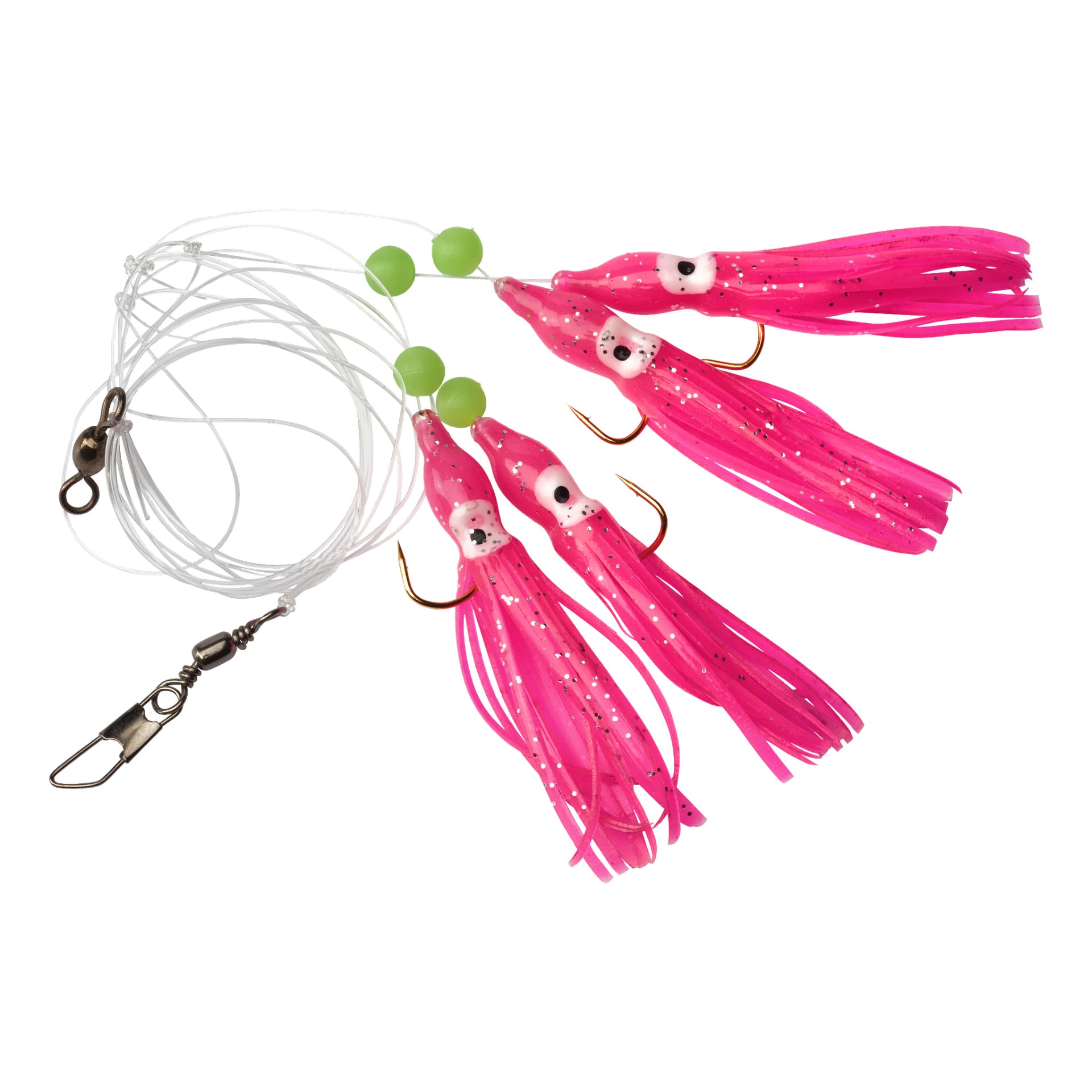 Kayoba Cuttlefish jigfiskerigg med tre rosa, bläckfiskliknande drag utrustade med krokar, alla kopplade till en transparent fiskelina som inkluderar två gröna pärlor och är avslutad med en svängbar knäpp.