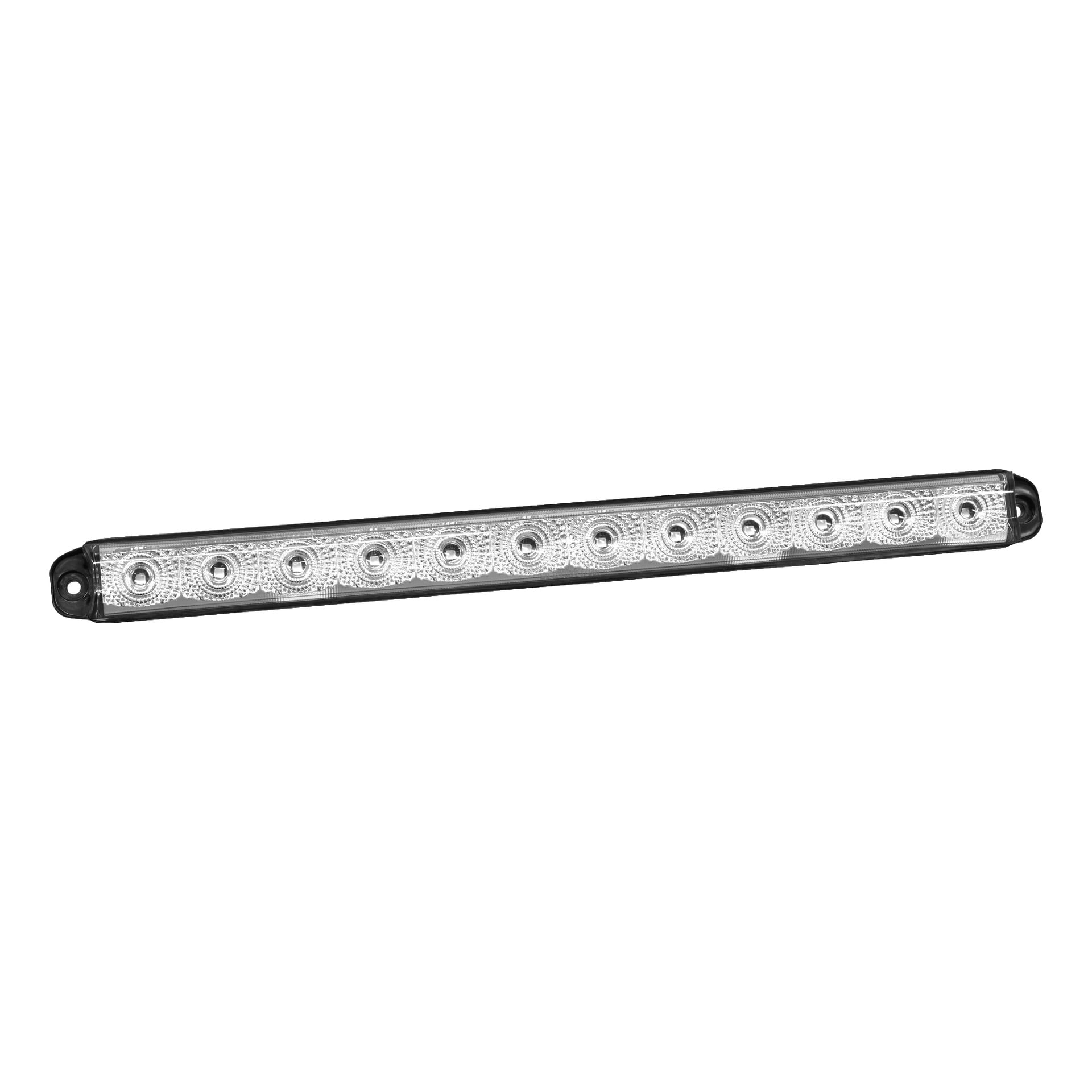En Hamron Front Position Light LED med 12 cirkulära lampor horisontellt uppradade i ett rektangulärt, genomskinligt plastfodral. Höljet har svarta ändar och synliga skruvhål för montering.