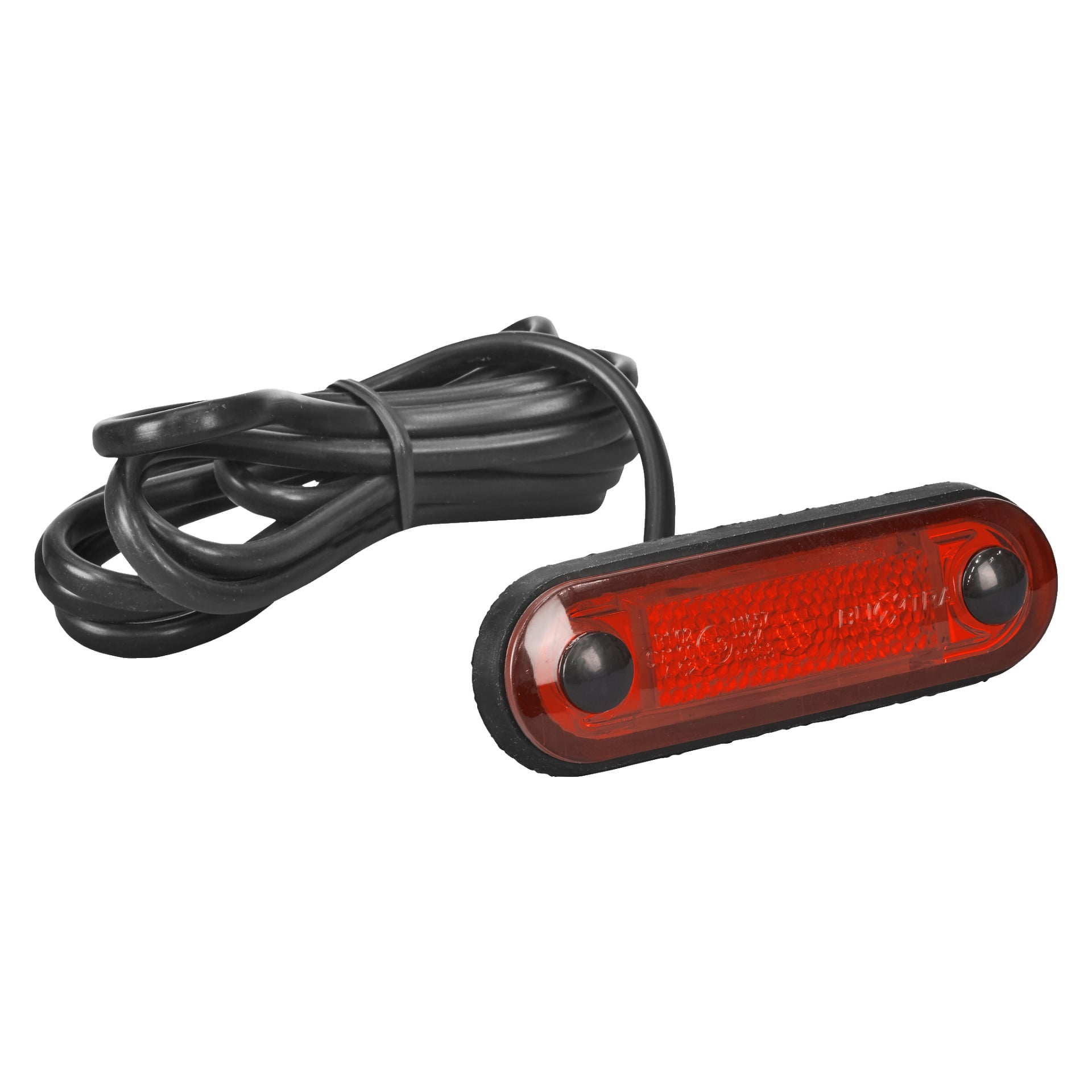 En röd, oval LED-Hamron Position-lampa är kopplad till en svart gummipackning och har en spiralad svart elektrisk ledning fäst bredvid.
