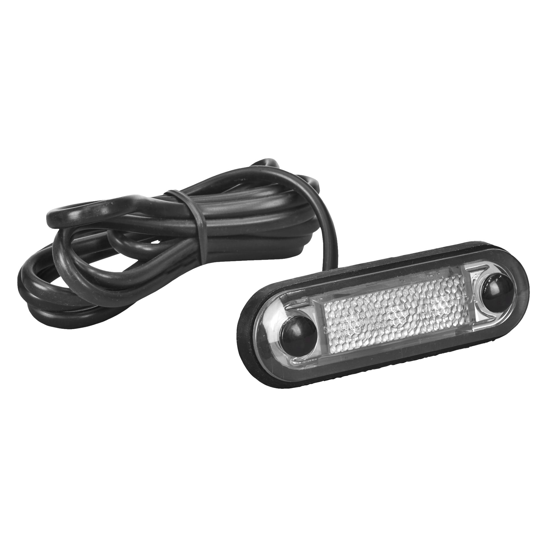 En Hamron LED-positionslampa med en transparent lins och svart hölje är kopplad till en lång spiralad svart kabel. Höljet visar de interna dioderna, och varje ände har två monteringshål.