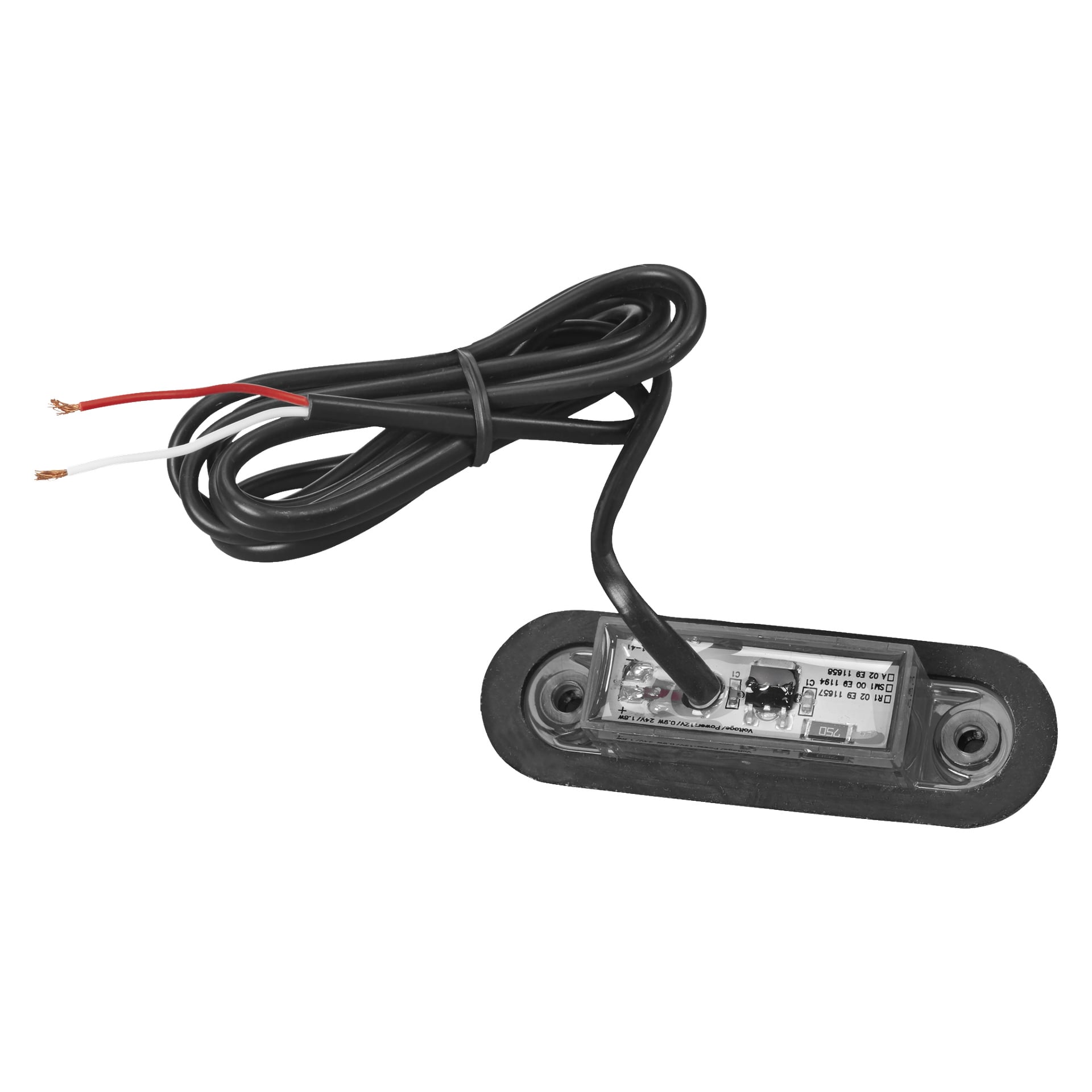 En svart Hamron Position-lampa LED med rektangulär bas och genomskinligt linsskydd, som visar två exponerade ledningar – en röd och en vit – kopplade till baksidan. En spiralad kabel ligger bredvid lampan.