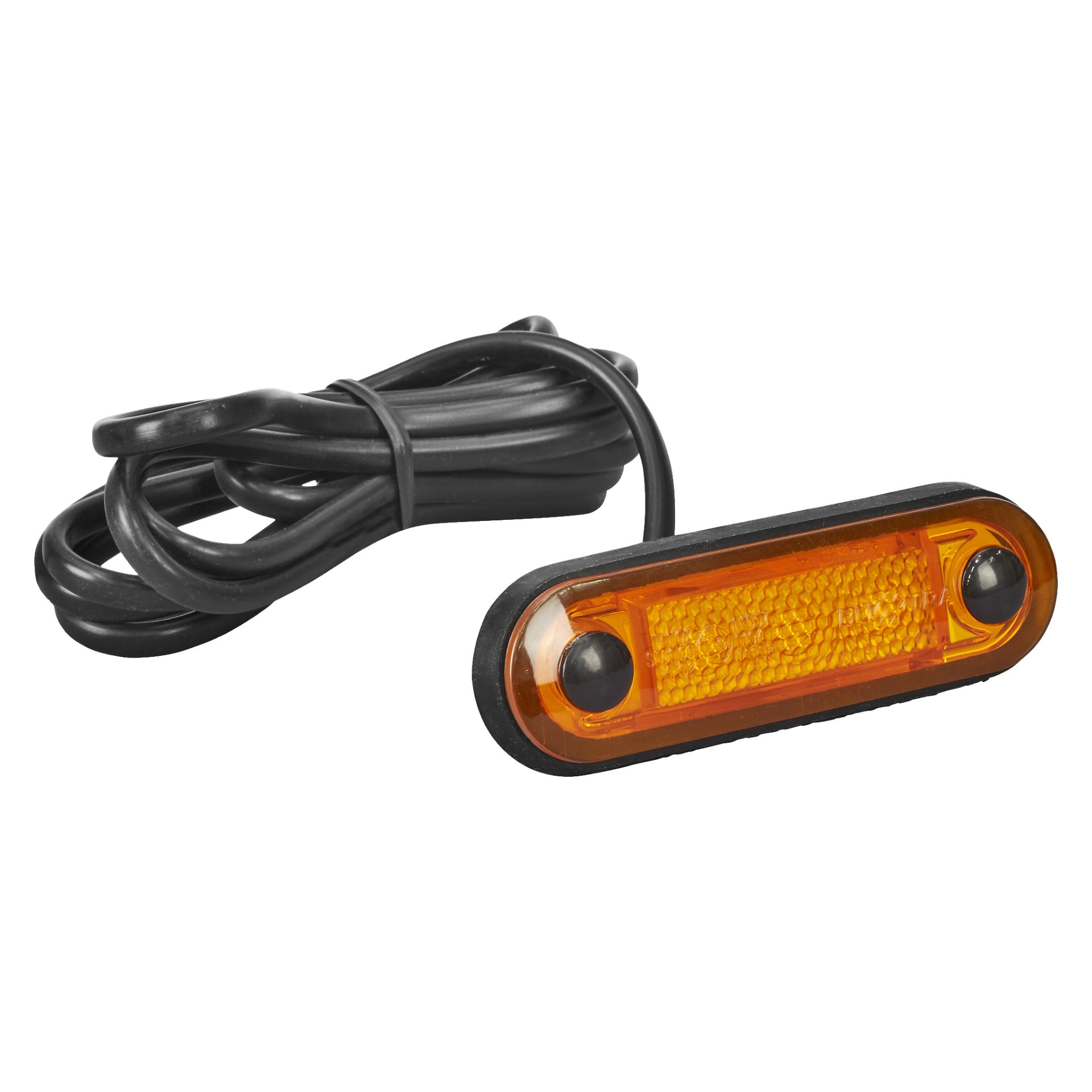 En orange, rektangulär Hamron Position-lampa LED med svart ram och två monteringshål är fäst vid en lång svart strömkabel som är lindad i bakgrunden.