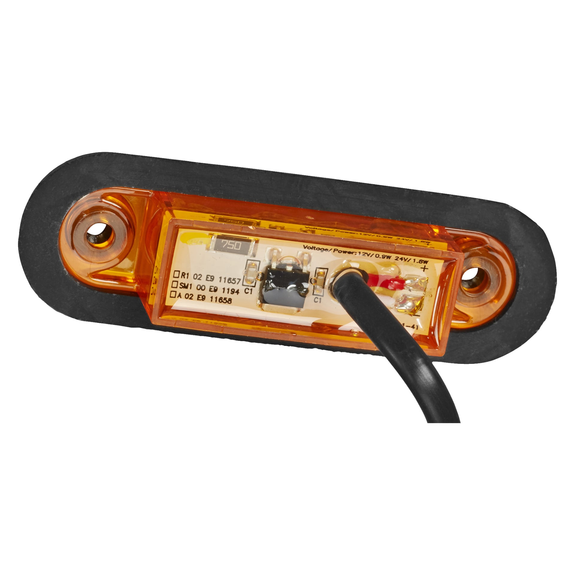 Hamron Position-lampa LED med en orange rektangulär kropp, svart gummipackning, transparent lock som avslöjar kretskortet inuti, och en ansluten svart strömkabel.