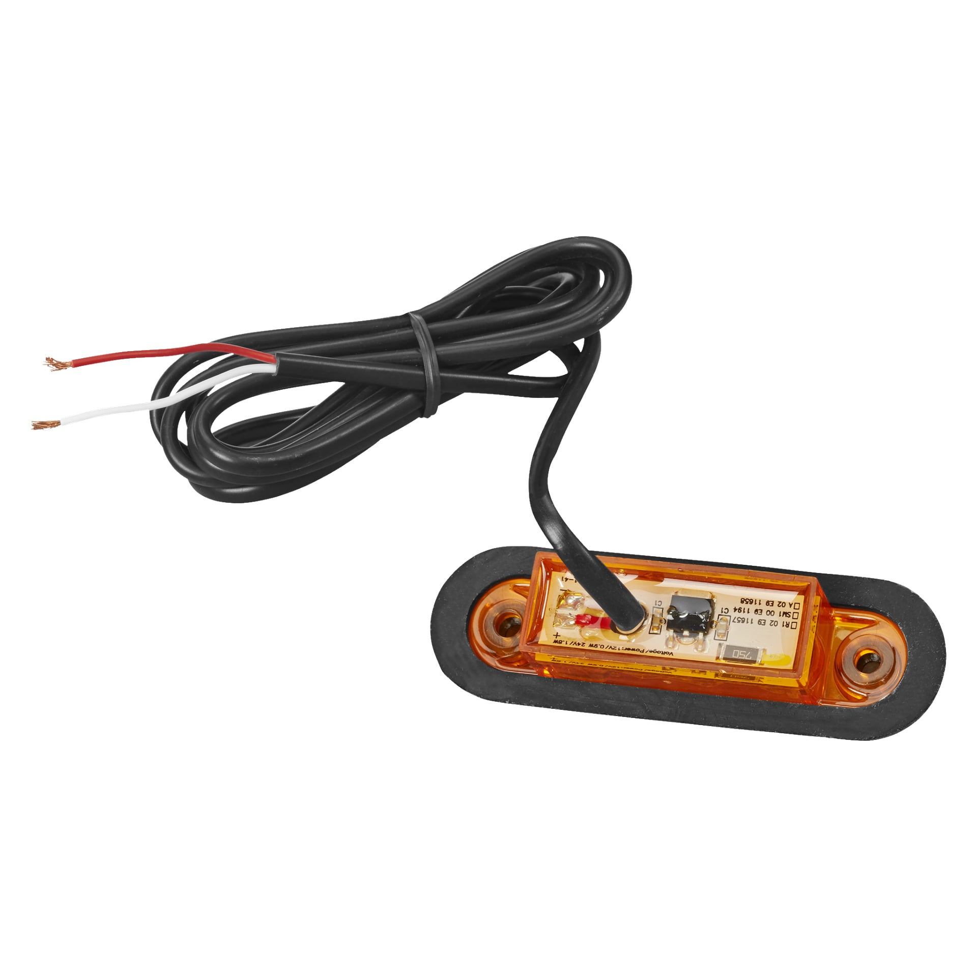 En Hamron Position-lampa LED med ett bärnstensfärgat rektangulärt lock, synlig krets, en svart monteringsbas och en ansluten svart kabel med röda, vita och svartrandiga ledningar.