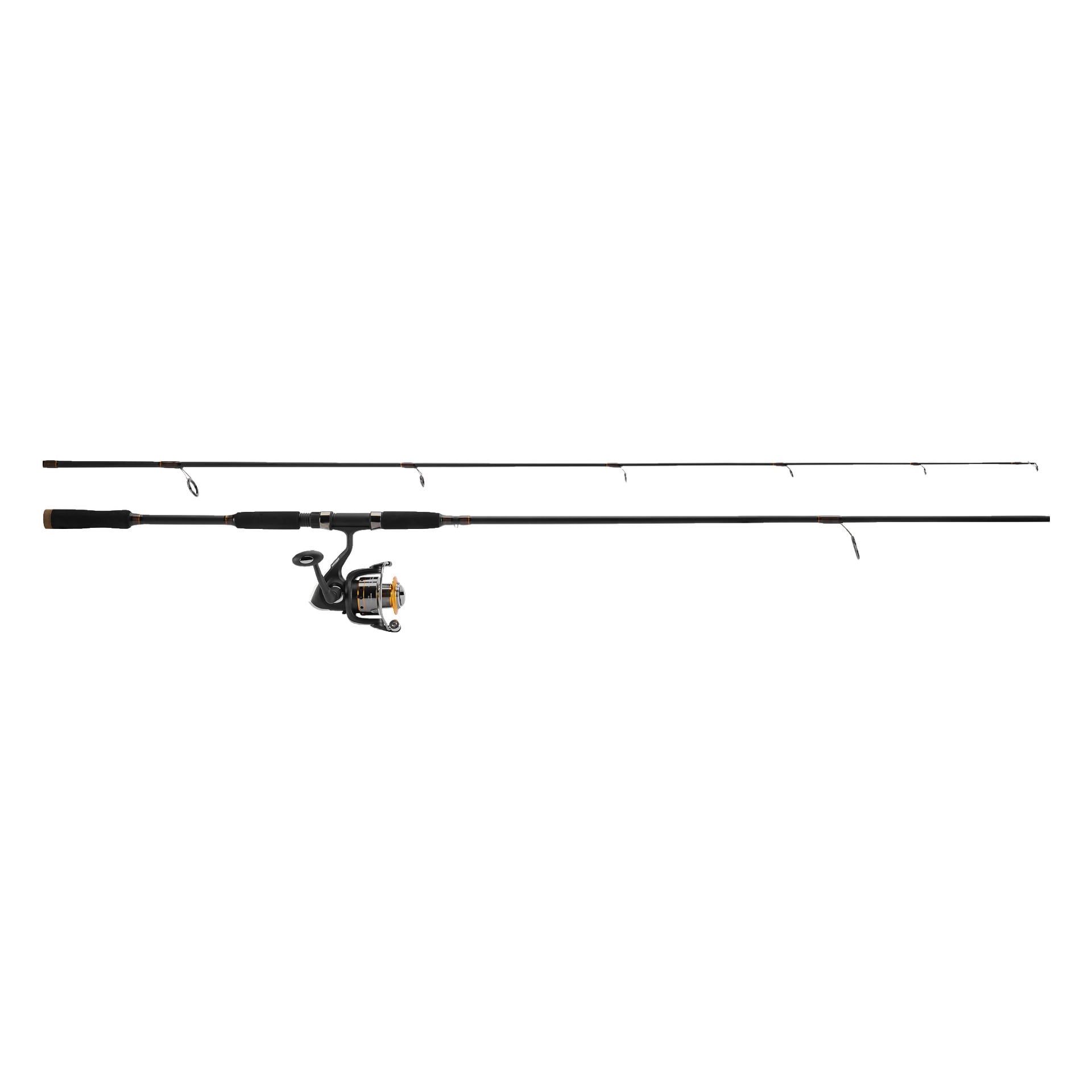 Ett isärplockat tvådelat Kayoba Spinning Rod-set Water Queen, med svart färg och matchande grepp och flera linguider, är horisontellt utlagt med rullen fäst.