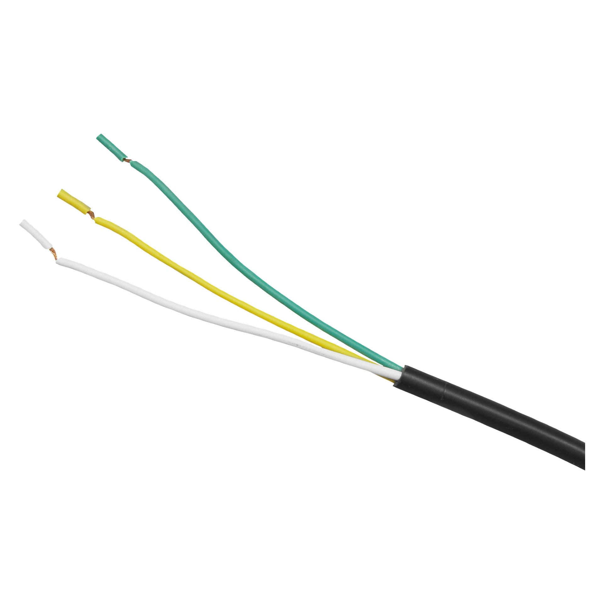 En svart kabel från en Hamron Position Light Side Marker LED visas med isoleringen borttagen, vilket exponerar fyra ledningar: en vit, en gul och två gröna, alla slutande i bar koppar.
