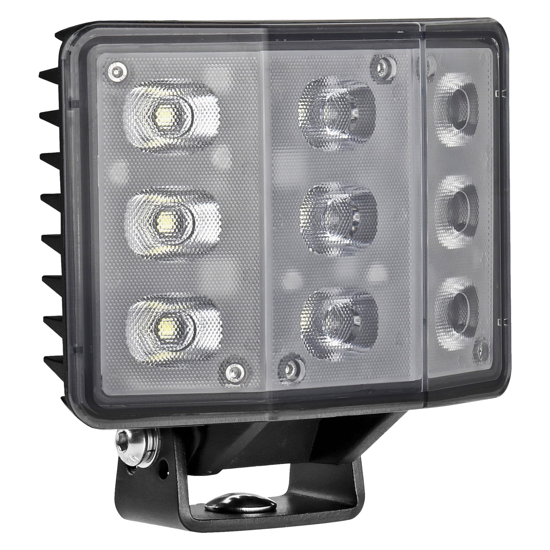 En Hamron LED-arbeidslampe med et rektangulært svart metallhus, som viser tre rader med parvise LED-pærer bak et gjennomsiktig frontpanel, og utstyrt med en monteringsbrakett nederst.