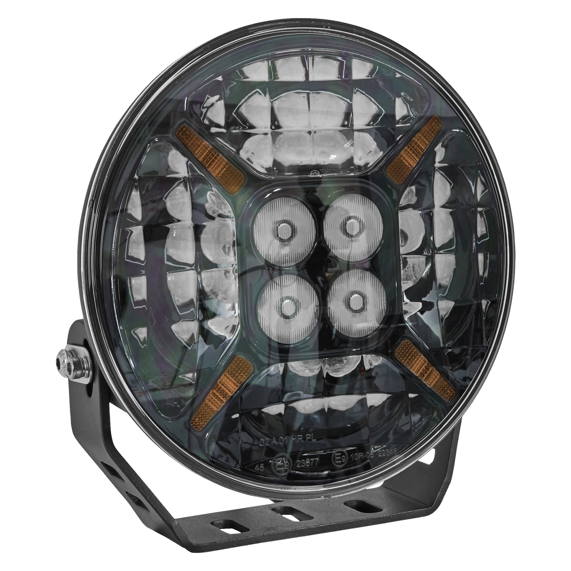 En Hamron Extra LED-lykt med sirkulært design, reflekterende, flerfasettert interiør, fire LED-pærer plassert i midten, oransje detaljer og et metallbrakett montert på venstre side.