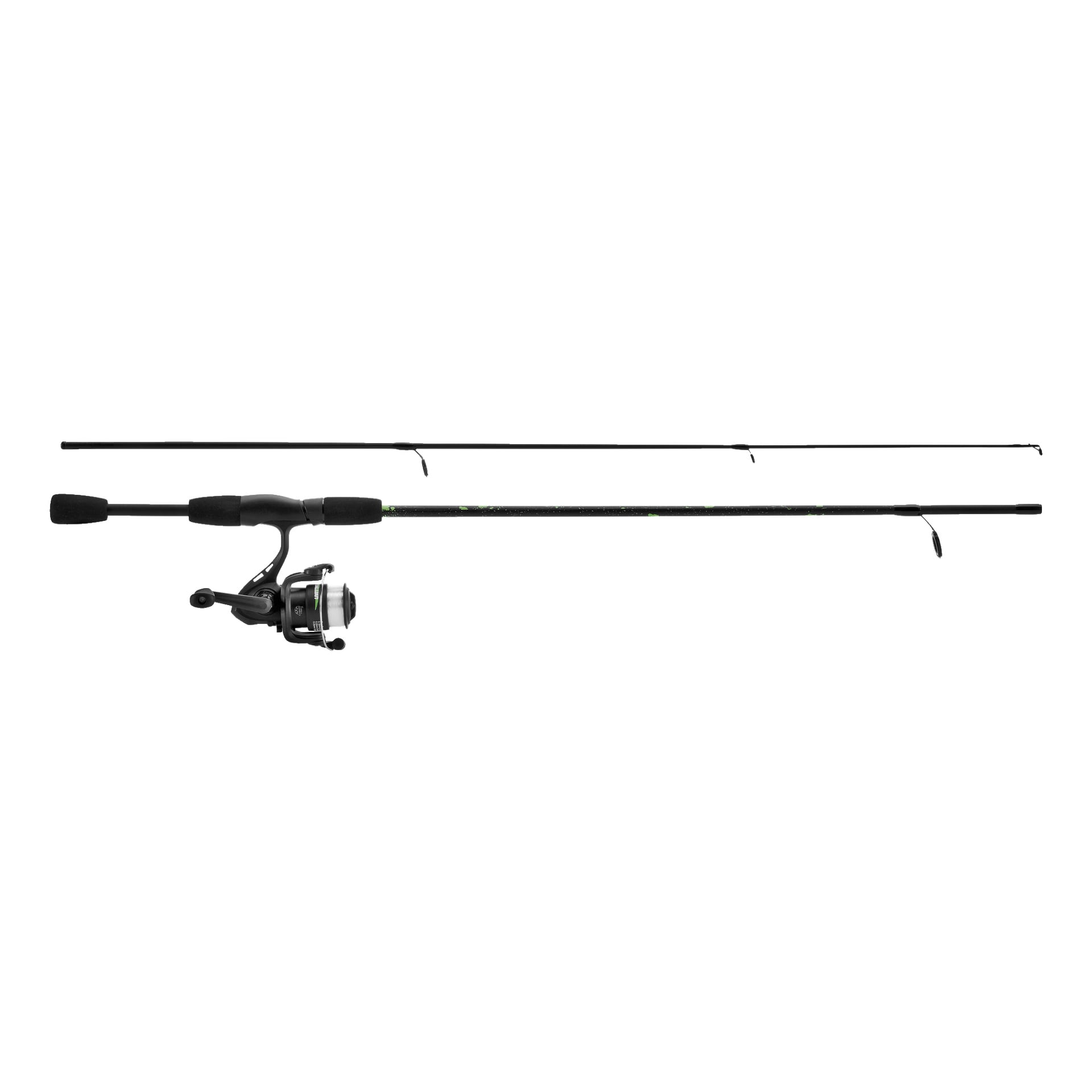 Kayoba Spinning rod Set Junior har en todelt svart fiskestang med grønne prikker, utstyrt med en montert spinnesnelle og komfortable skumhåndtak.
