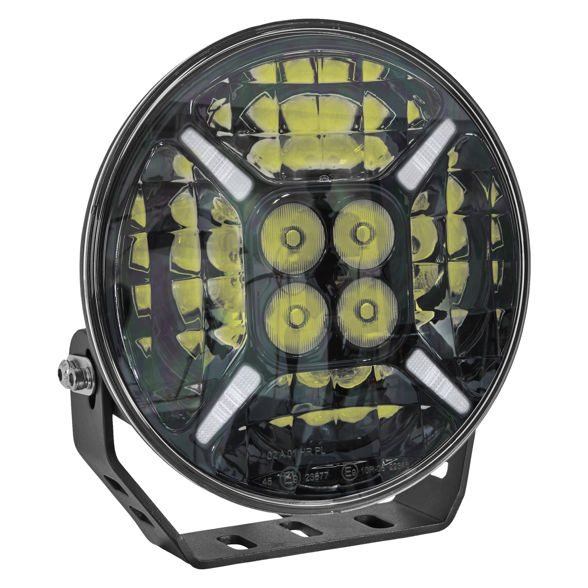 Hamron Extra Light LED er en rund terrengkjørelys med både gule og hvite LED-segmenter, et svart brakett for montering og et reflekterende panel innvendig.