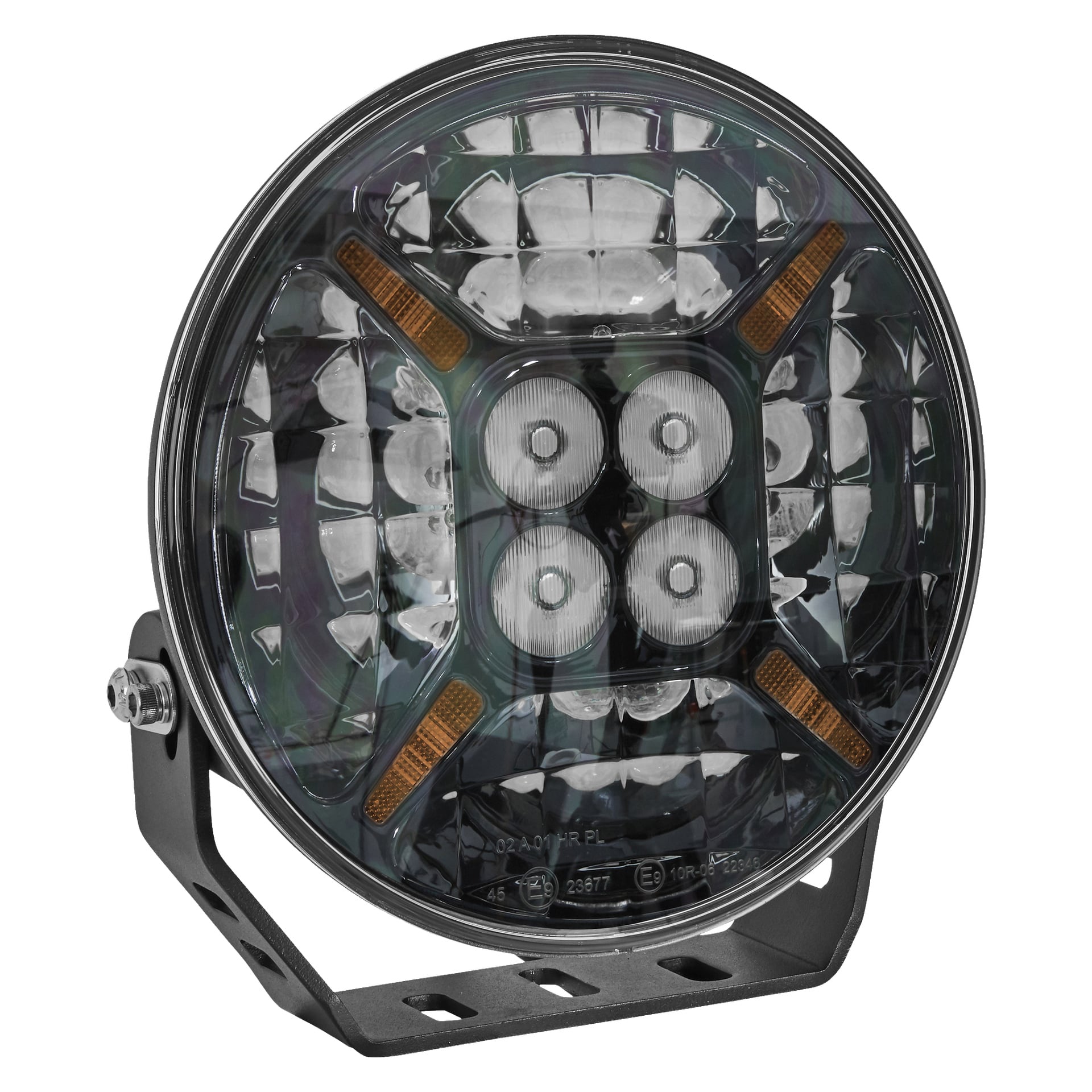 Hamron Extra Light LED er en rund kjørelampe med fire sentrale LED-er, ravfargede reflektorer og et solid metallkabinett. Den er festet til en justerbar svart brakett med en sidebolt for stabil montering.