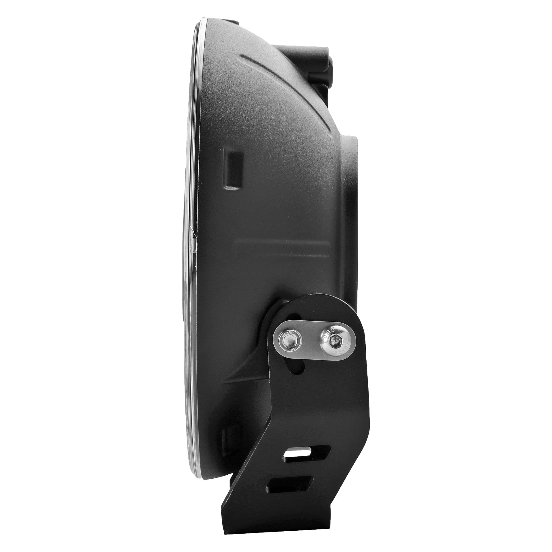 Sideprofil av Hamron Extra lys LED, med en svart, rund industri- eller bilbelysningsenhet. En monteringsbrakett er festet under armaturet, og to bolter holder lyset sikkert fast til braketten.