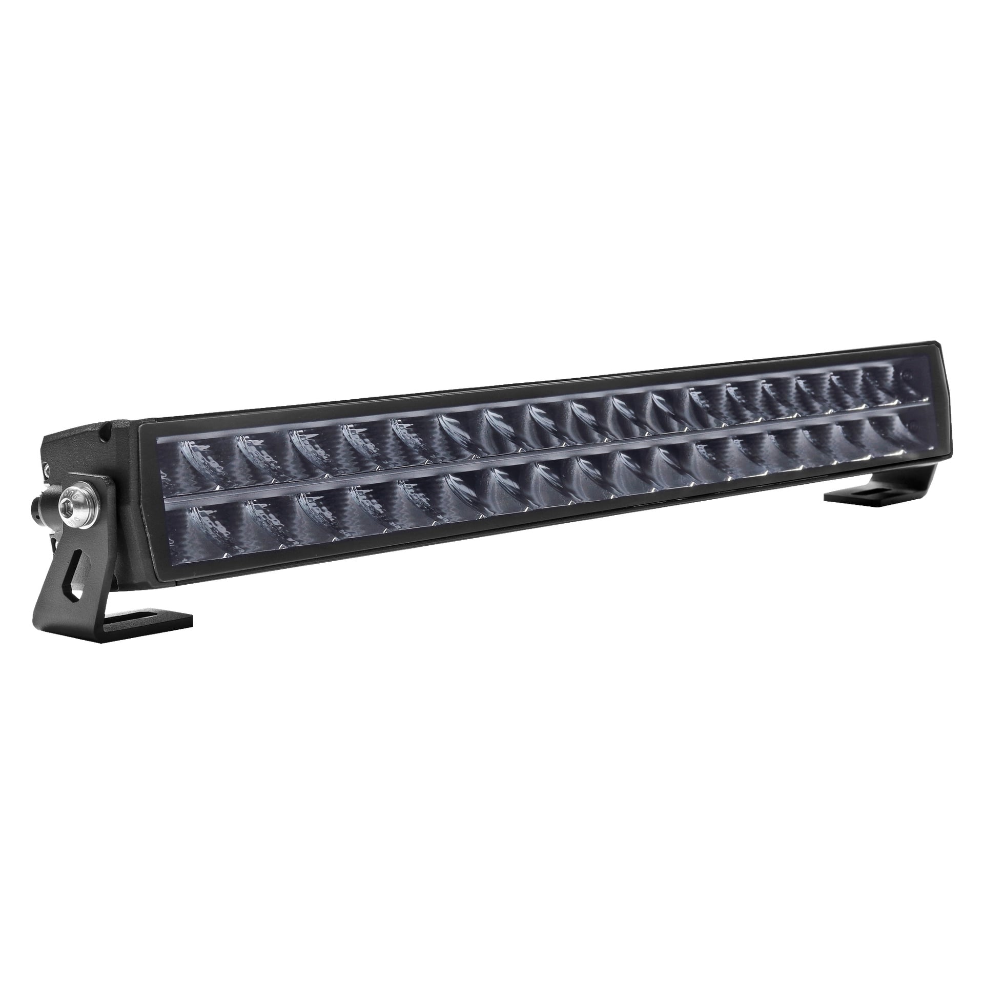En svart, rektangulär Hamron LED-ljusstång med flera rader LED-lampor är fäst vid ett stadigt metallfäste med bultar i båda ändarna, lämpligt för användning i fordon eller utomhus.
