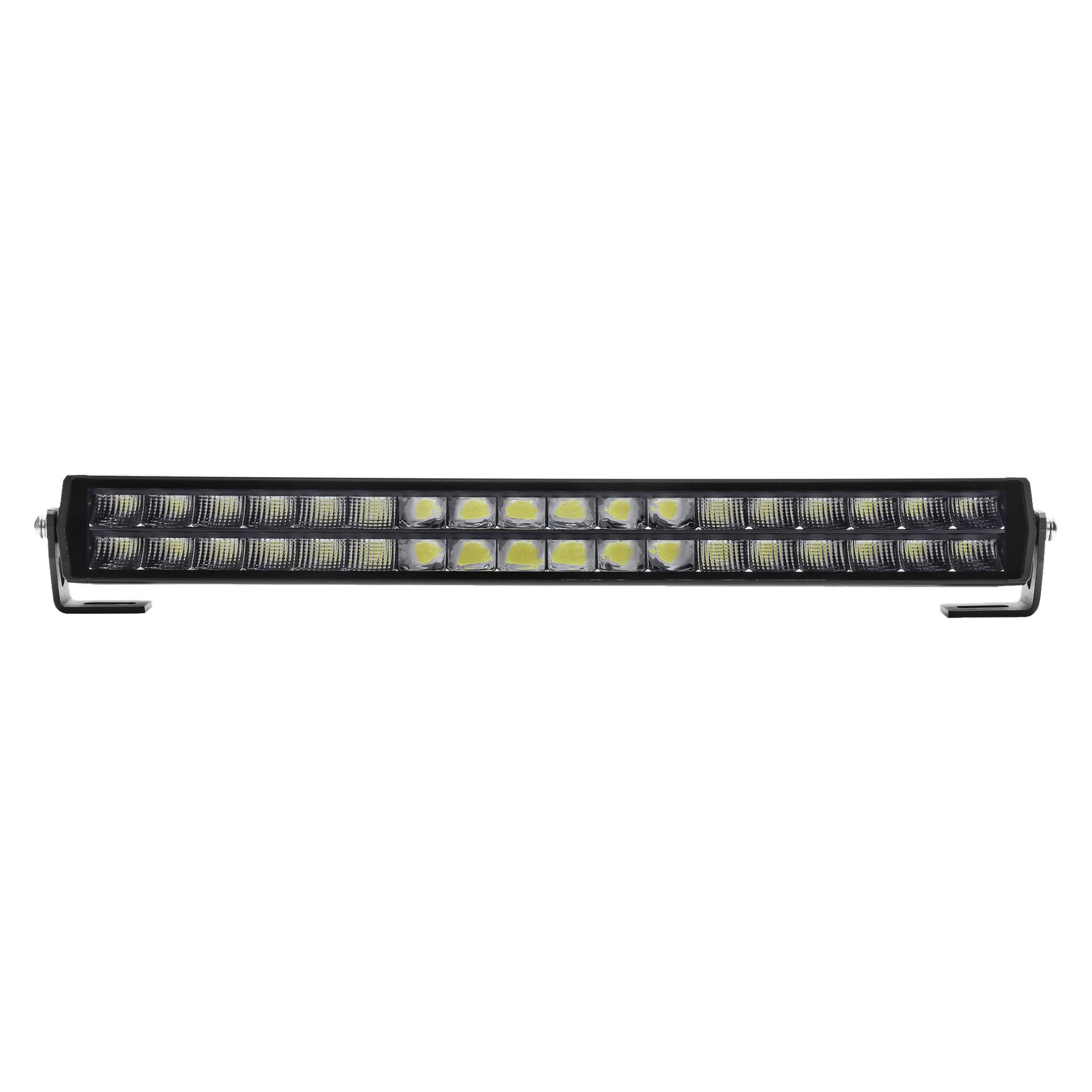 Hamron LED-ljusstången har en rektangulär form med dubbla rader av LED-lampor inuti ett svart hölje och monteringsfästen på båda sidor.