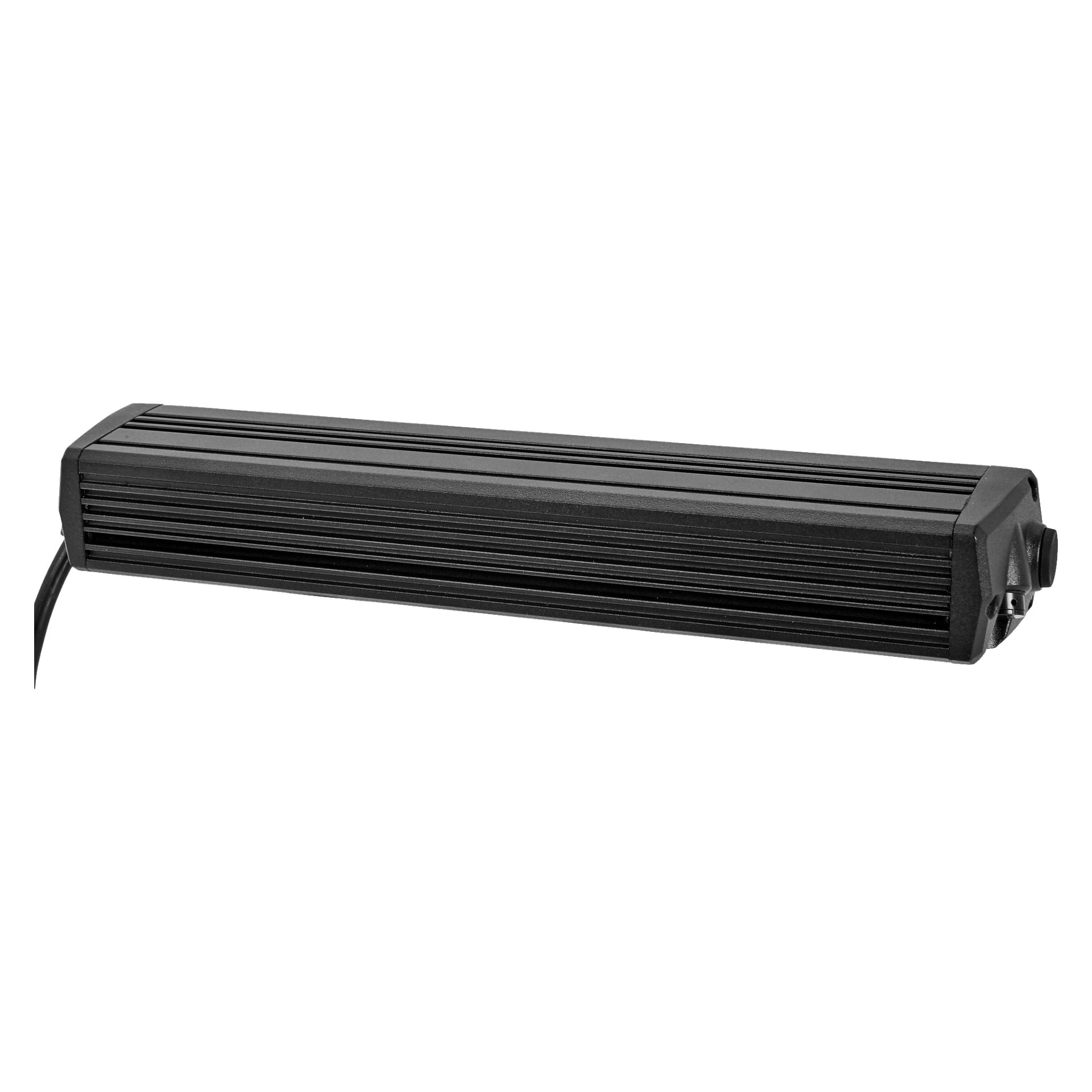 En Hamron Light bar LED, formet som en rektangulær svart enhet med rillete sider, med en kabel som går ut fra den ene enden og en knott eller kontakt på høyre side.