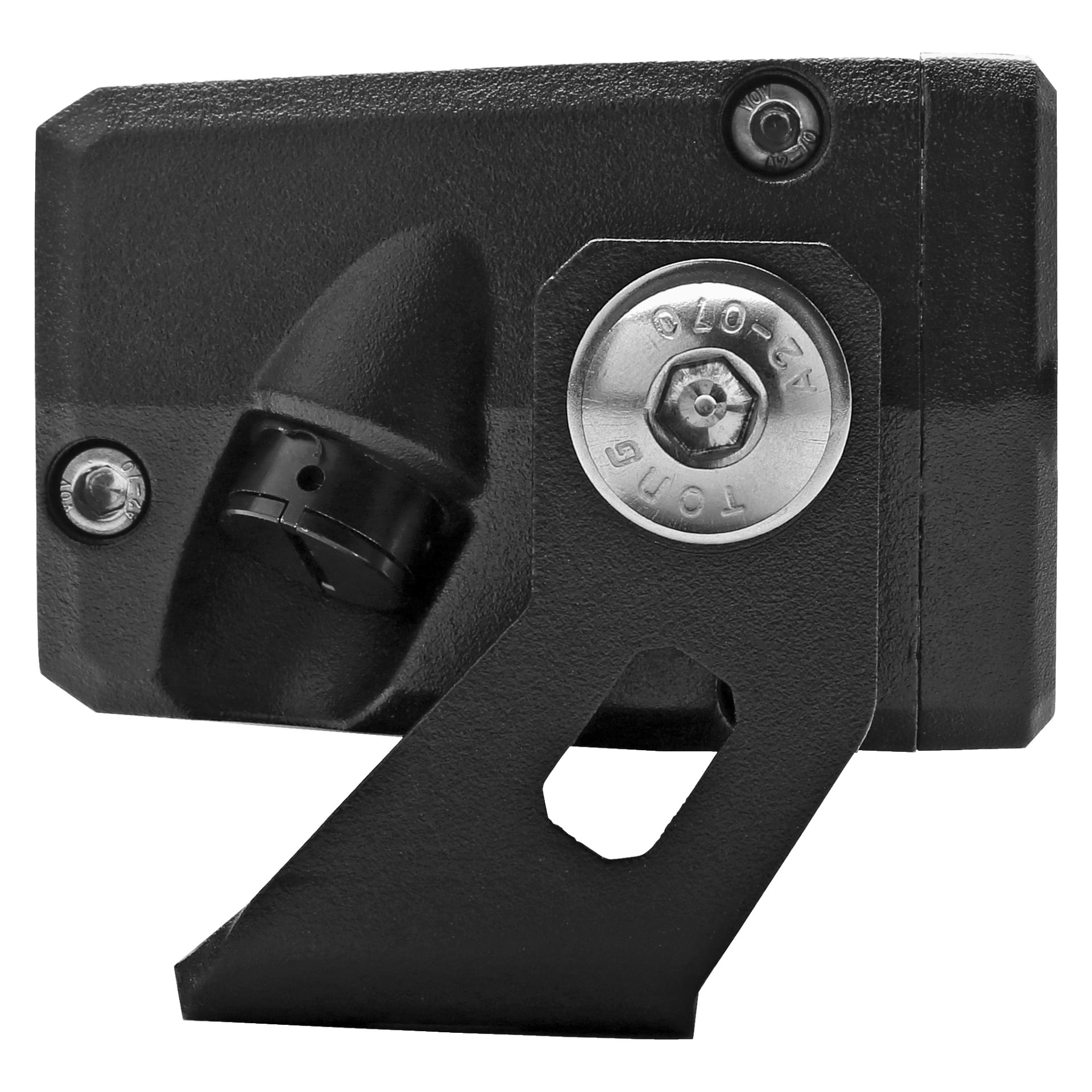 Nærbilde av en Hamron Light bar LED laget av svart metall, som viser en skrue, spak og knott på overflaten.