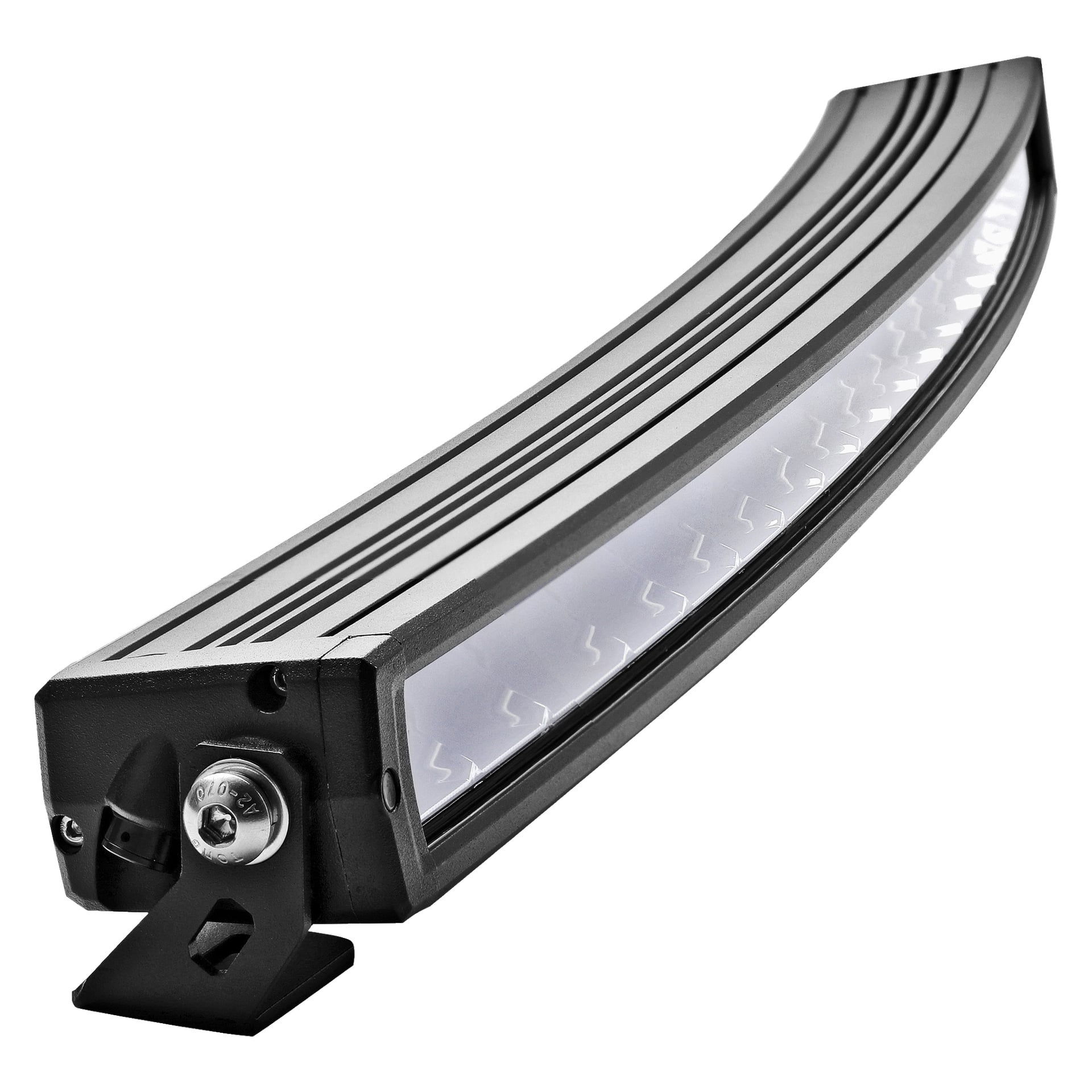 En närbild av Hamron Light bar LED framhäver dess böjda svartmetallhölje, klara linsen och det fastsatta fästet.