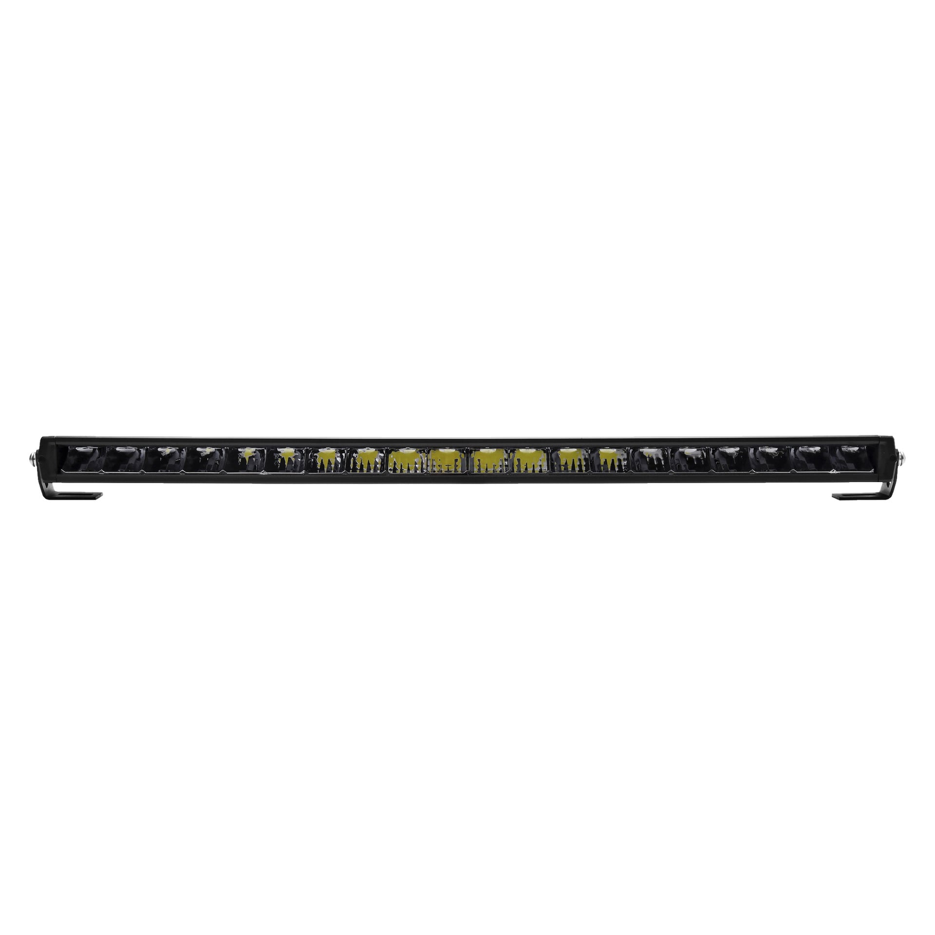 En frontvy av en Hamron Light bar LED visar dess slanka, raka svarta form, med många individuella LED-lampor arrangerade i rad och stödda av svarta konsoler i varje ände.
