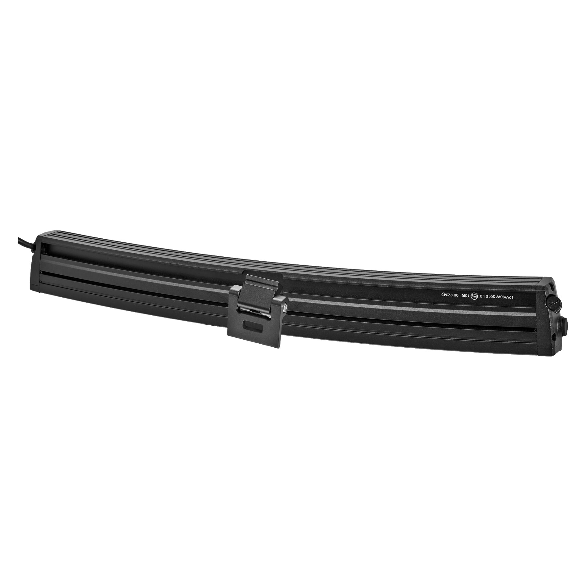 En svart Hamron Light bar LED med en böjd metallkropp och en fästanordning som visar synliga markeringar på ena sidan.