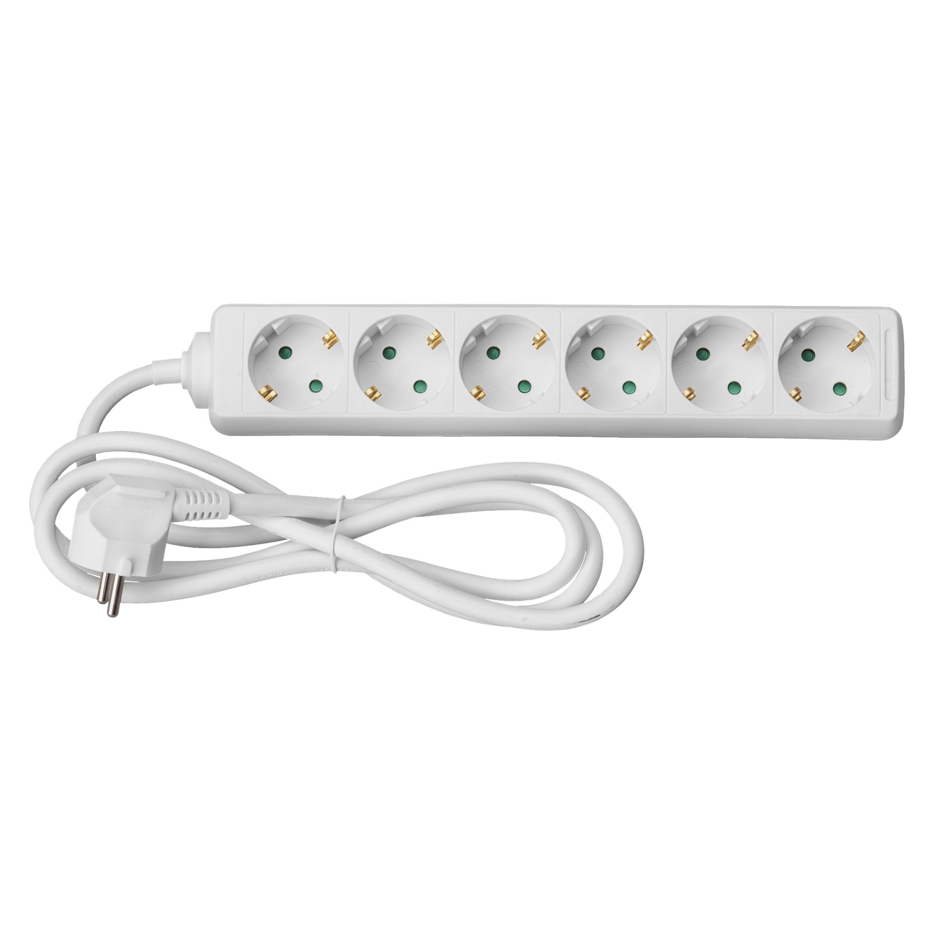 Esillä on Anslut Power Strip, jossa on kuusi pistorasiaa, pitkä sisäänrakennettu johto ja kaksipiikkinen pistoke, joka sopii eurooppalaisiin pistorasiat.