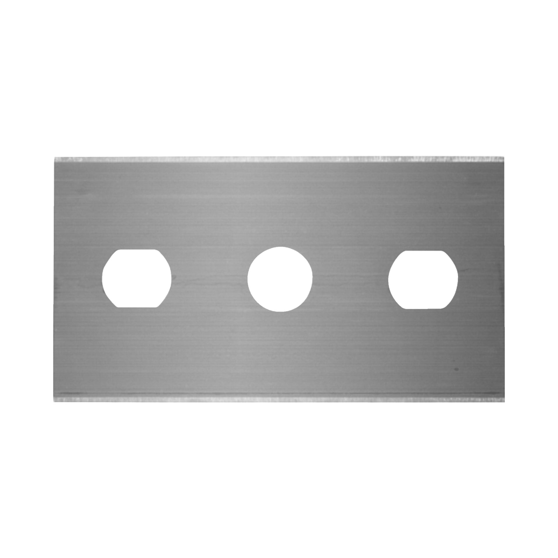 Ett 10-pack Hard Head Razor visar rektangulära metallblad, var och en med en vass egg på en längre sida. Varje blad har tre hål: ett runt hål i mitten och två sexkantiga hål placerade på vardera sidan.