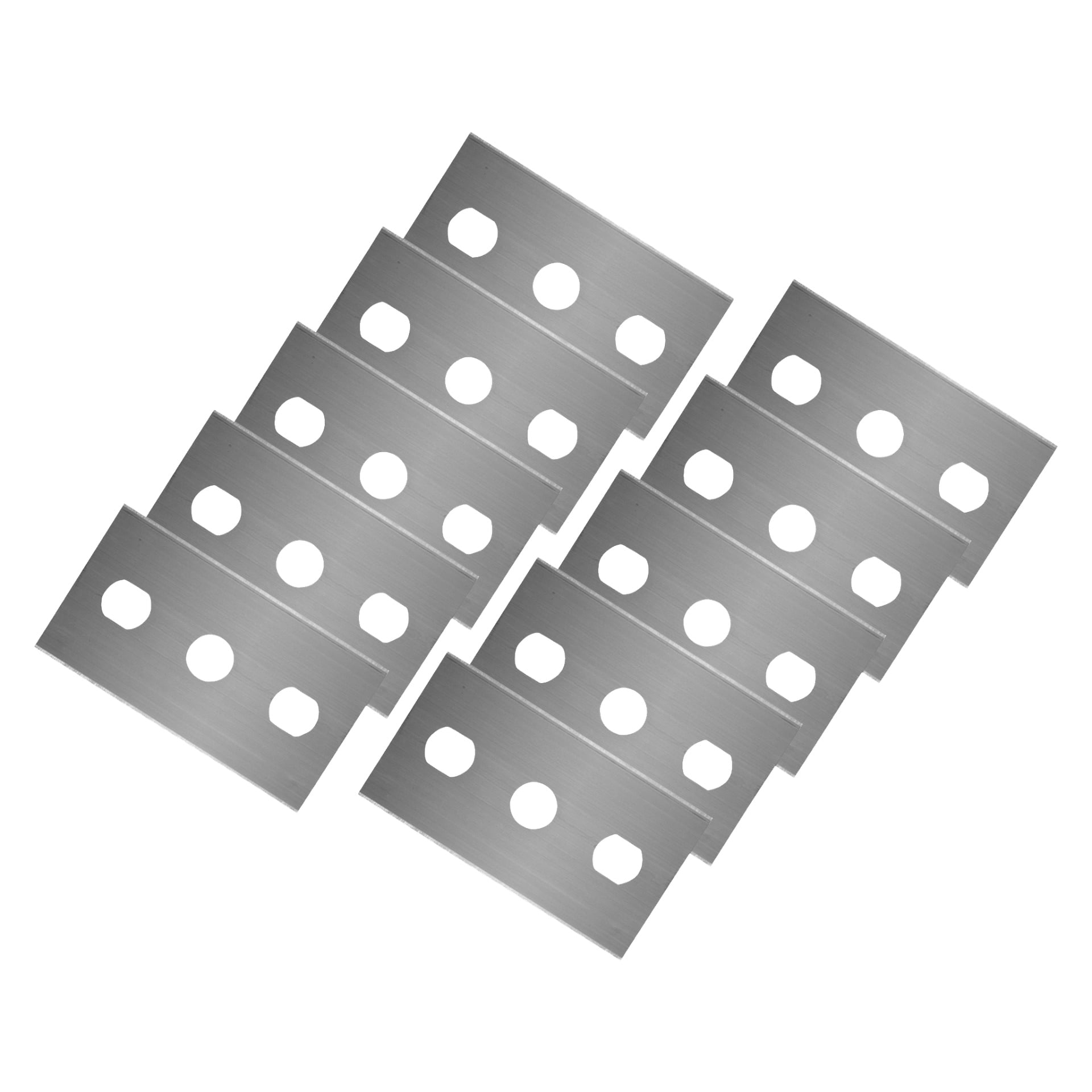 Tio Hard Head dubbelsidiga rakblad från Razor Blades 10 Pack placeras i två diagonala rader om fem. Varje metallblad har tre rektangulära hål.