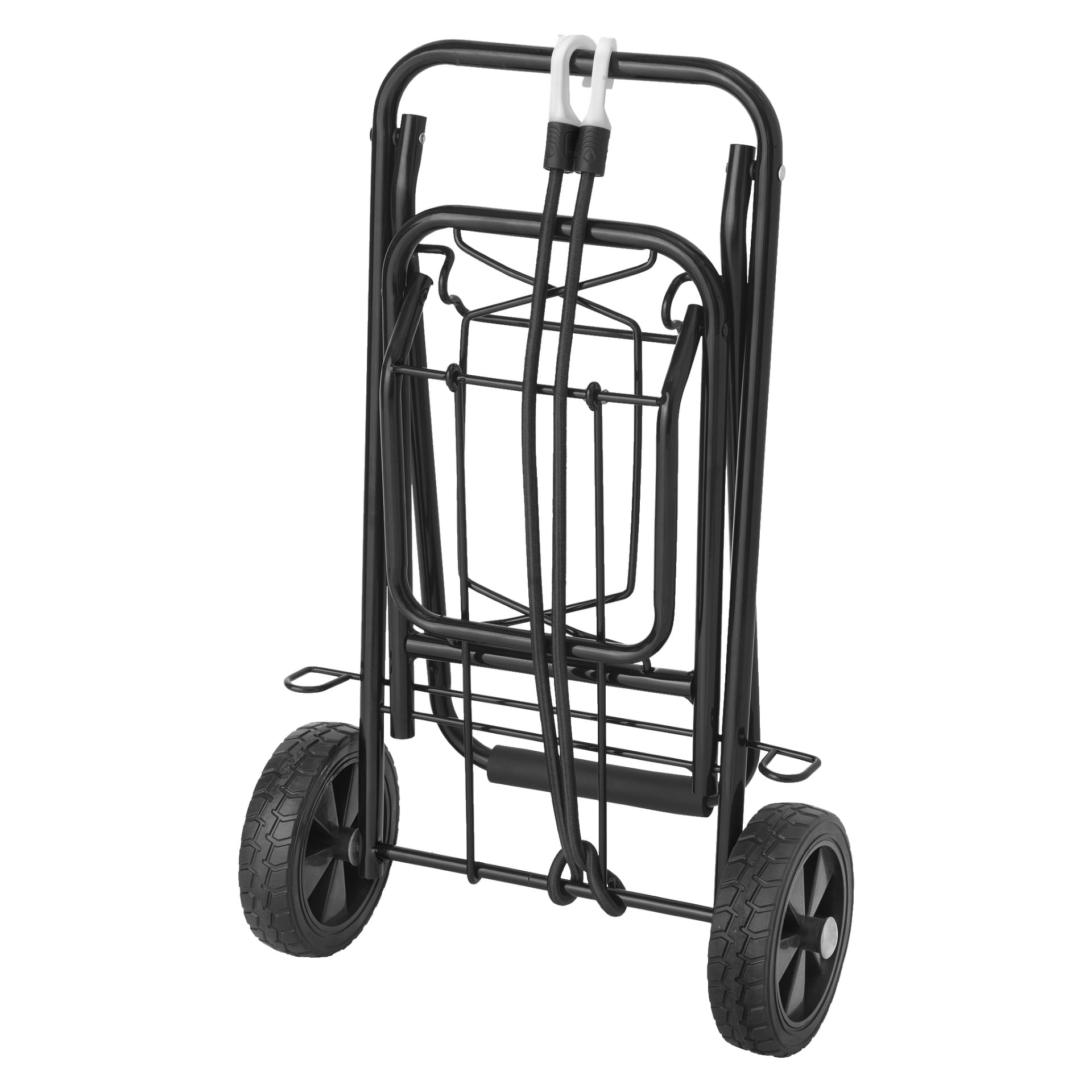 Wagonik bagażowy Kayoba jest ustawiony pionowo, prezentując czarną metalową ramę i dwa duże koła. Na górze przymocowane są dwa elastyczne sznurki zabezpieczające przedmioty. Wózek wygląda na kompaktowy i nadaje się do łatwego przechowywania lub transportu.