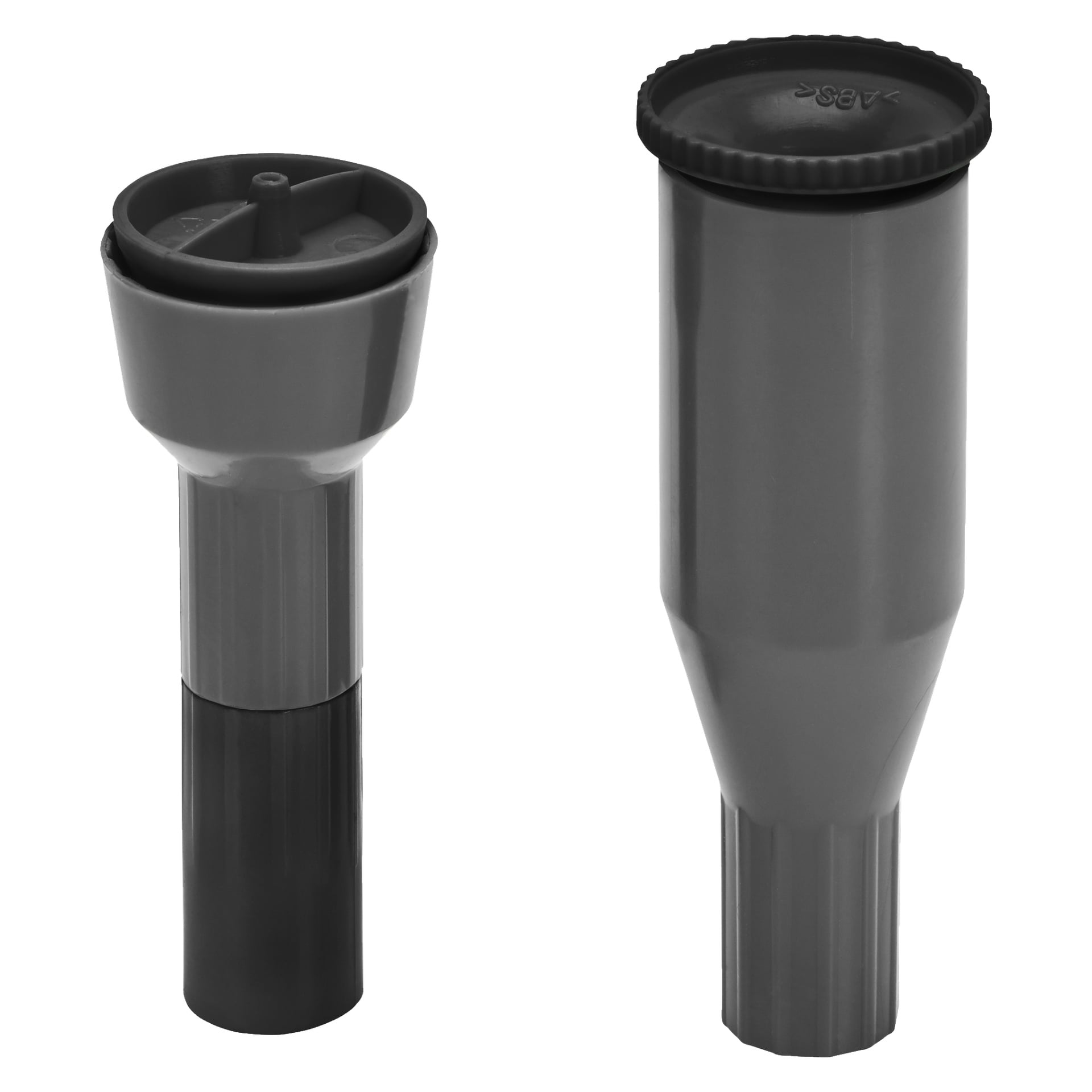 Två grå plastpumpar från Meec Tools står upprätt bredvid varandra. Pumpen till vänster har en bredare topp och en mörkare bas, medan den till höger är högre och har en rund, räfflad topp.