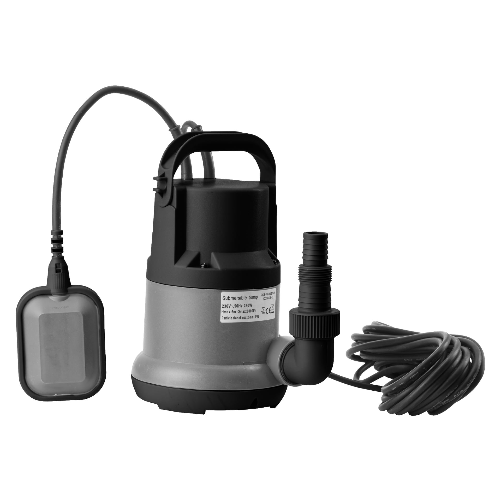 En Meec Tools nedsänkbar pump med svart handtag, grått och svart hus, flottörbrytare på vänster sida, slangkontakt på höger och en spiralad strömkabel.