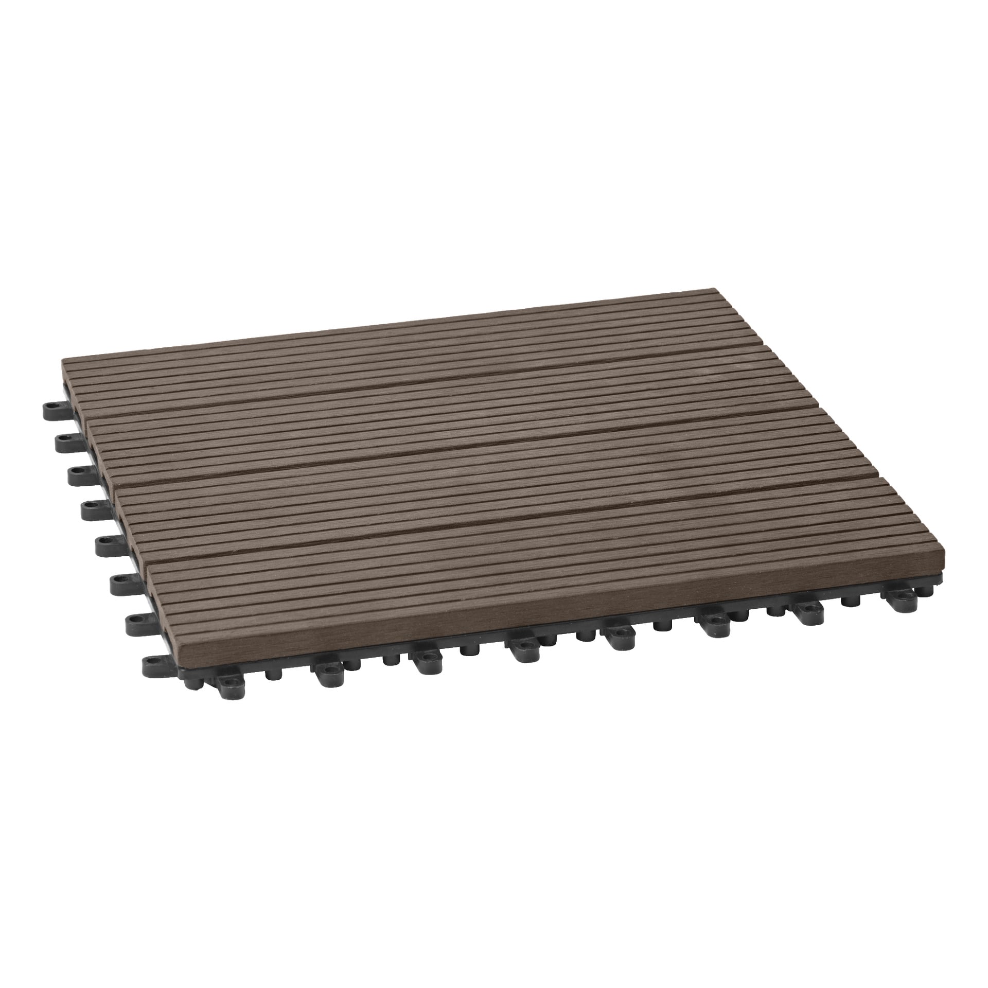 En brun golvplatta från Hard Head Floor-plattornas 4-pack, designad med horisontella spår över ytan och svarta kopplingar längs sidorna och botten.