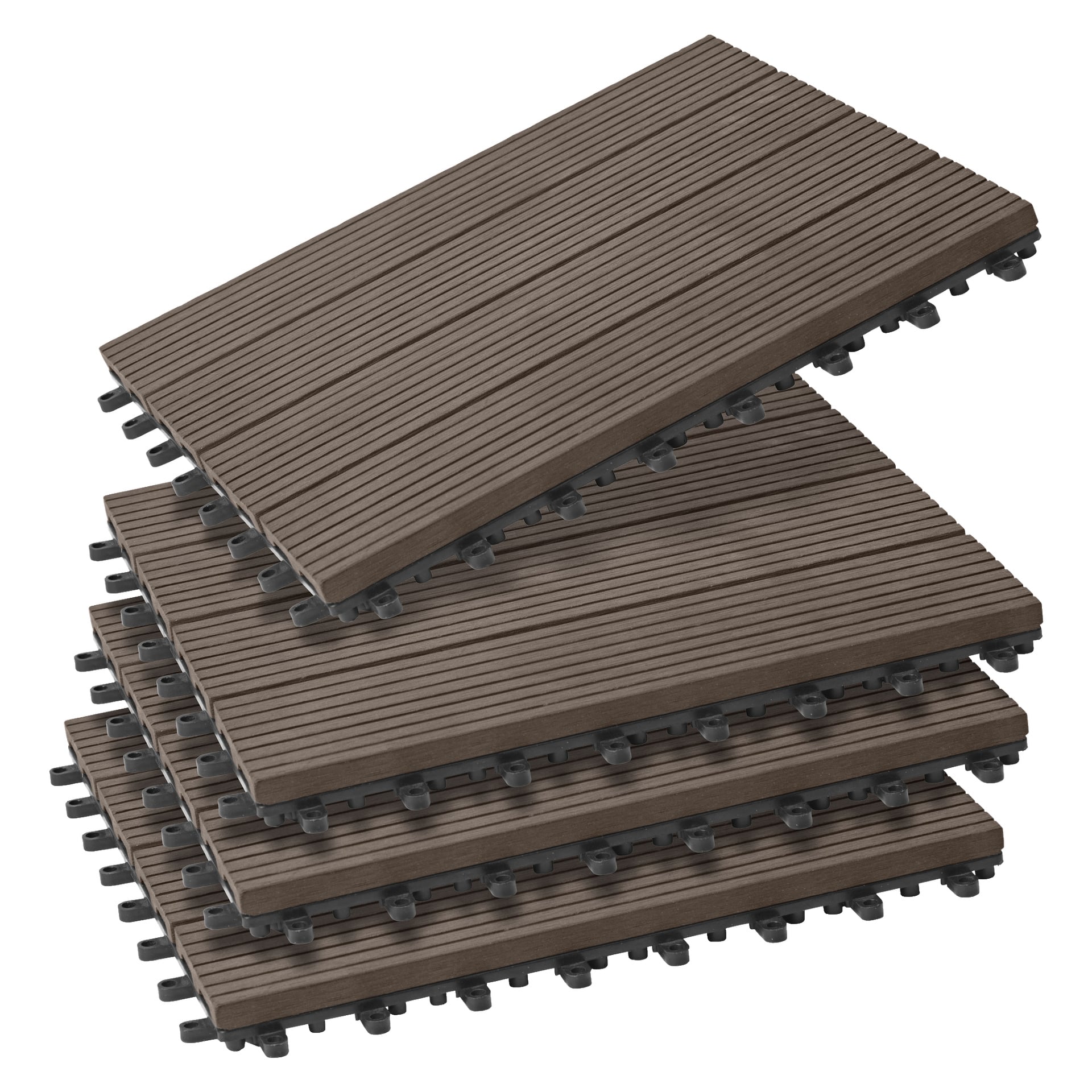 Fyra rektangulära bruna Hard Head Floor Tiles med spårade ytor och svarta sammanlänkade kopplingar synliga under, arrangerade i en förskjuten stapel med den översta plattan något lutad.