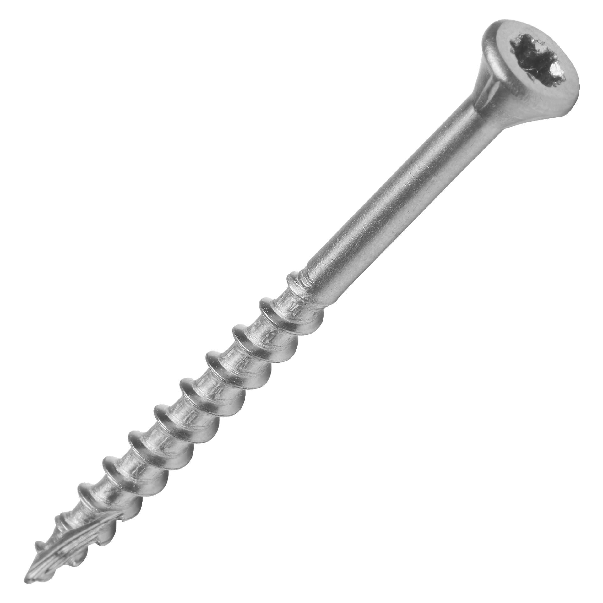 En enkelt Hard Head dekkskrue med flat hode og gjenget sølvmetallkropp er plassert diagonalt.