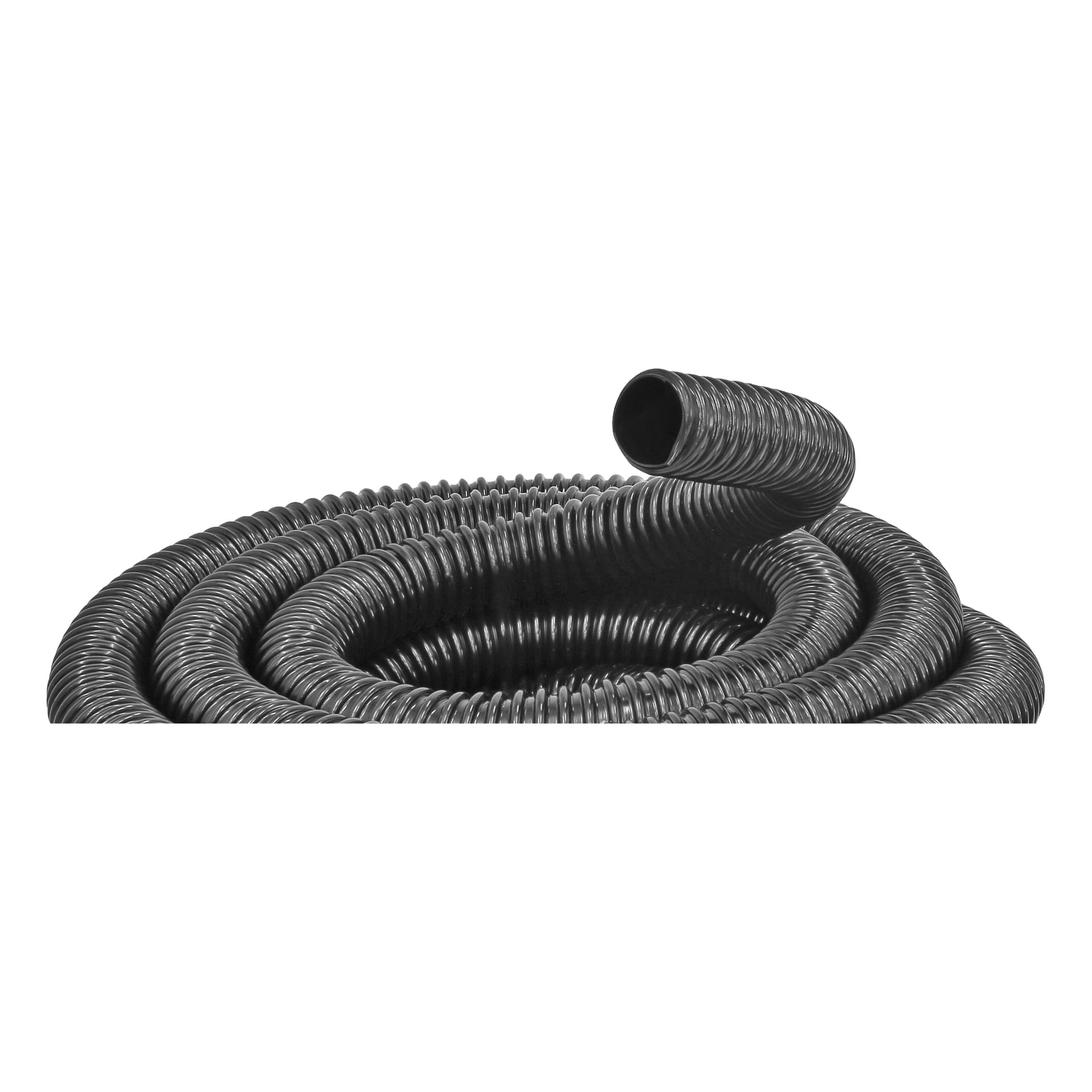 En sugslang från Meec Tools visas, med en svart, ribbad plastdesign som ser flexibel ut. Ena änden av slangen lyfts, medan den motsatta änden försvinner in i den spiralade sektionen.