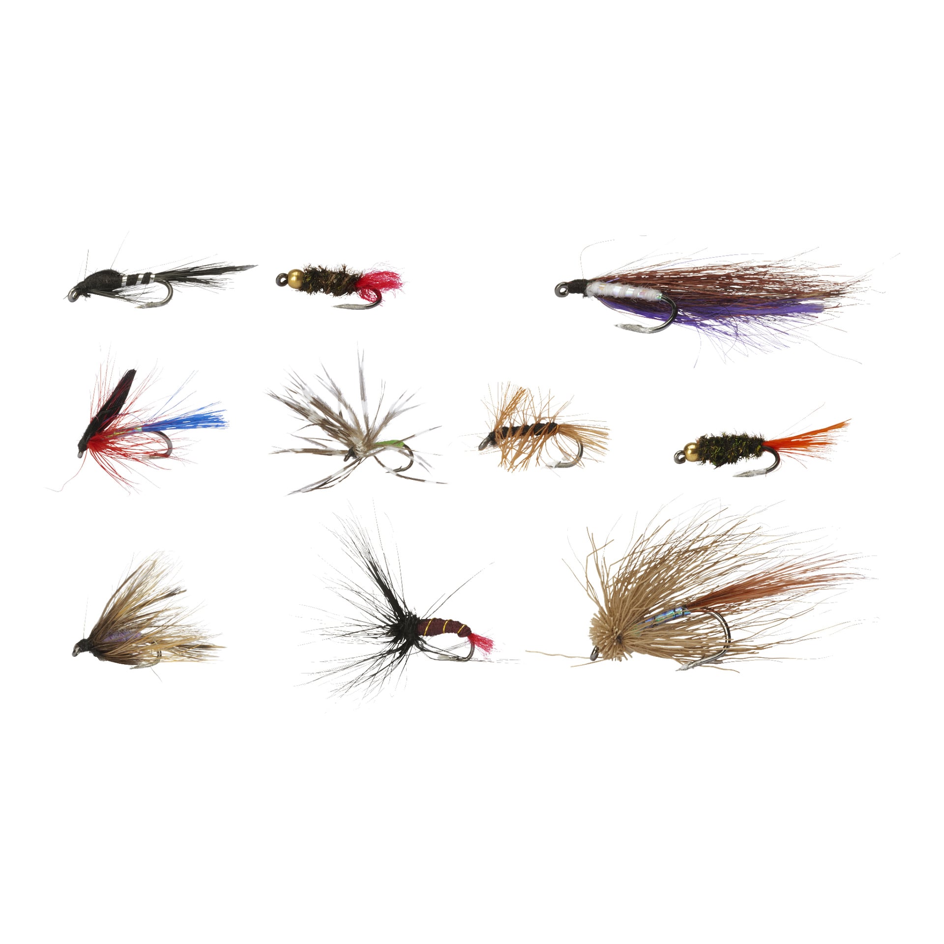 Kayoba Fishing Flies 10 Pieces presenterar en mängd konstgjorda flugor i olika former och storlekar, med färgglada fjädrar och fibrer i brunt, svart, rött, blått, lila och orange.